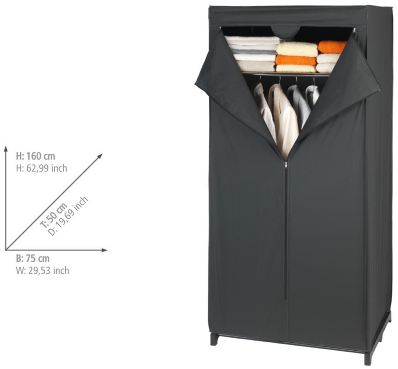 WENKO Stoffschrank »Modell Deep Black«, mit Kleiderstange, Ablage & Reißverschluss, Metallgestell, abwaschbar