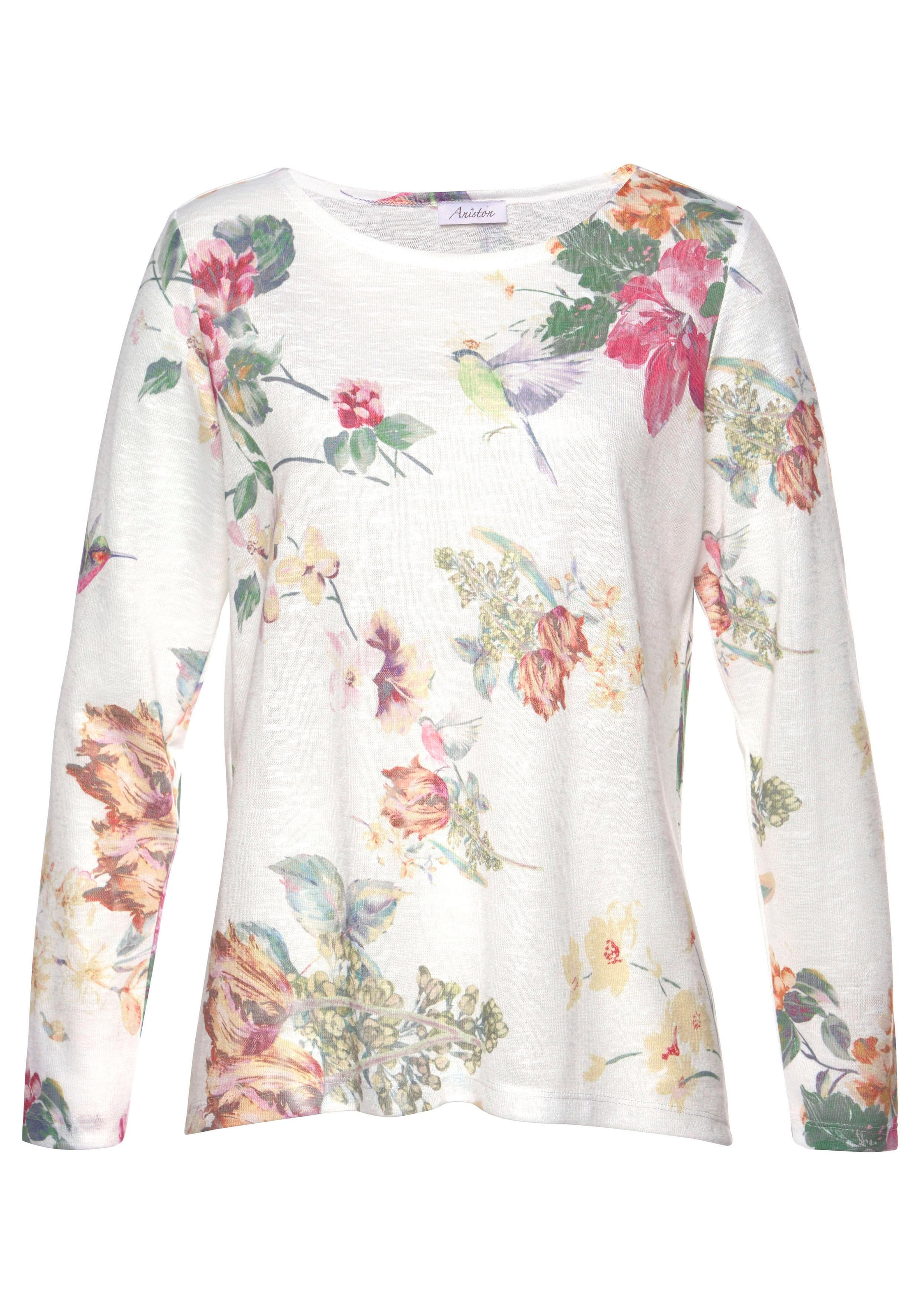 Aniston CASUAL Langarmshirt, mit online Vögeln großflächigem und kaufen Blumendruck