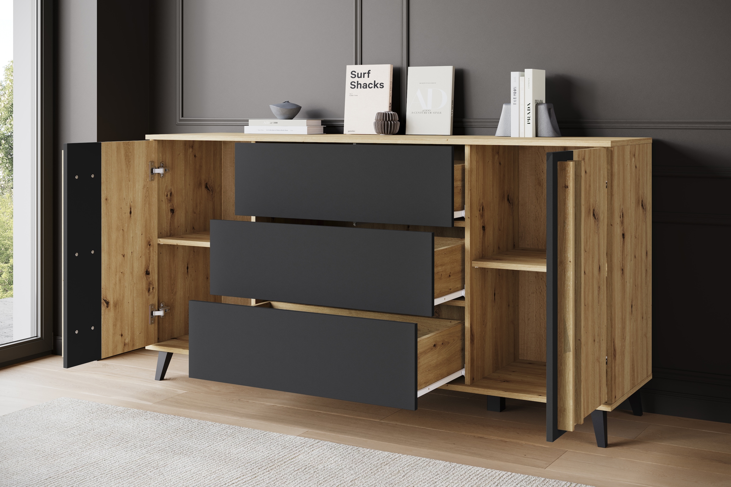 INOSIGN Sideboard »Helsinki, Kommode mit 2 Türen und 3 Schubladen, Breite 150 cm«, (1 St.), Push-to-Open-Schubladen, höhenverstellbare Einlegeböden