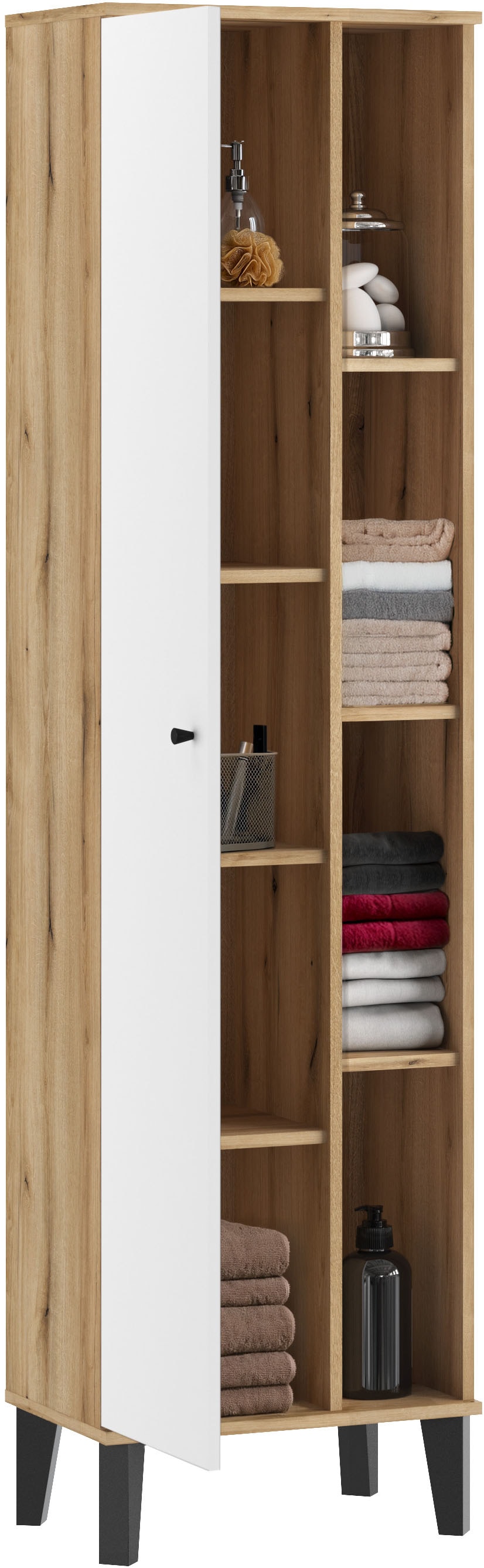 INOSIGN Stauraumschrank »Oslo, Badschrank mit Knopfgriff, Hochschrank im skandinavischen Design«, in der Türfarbe Weiß oder Grau verfügbar, ausreichend Stauraum