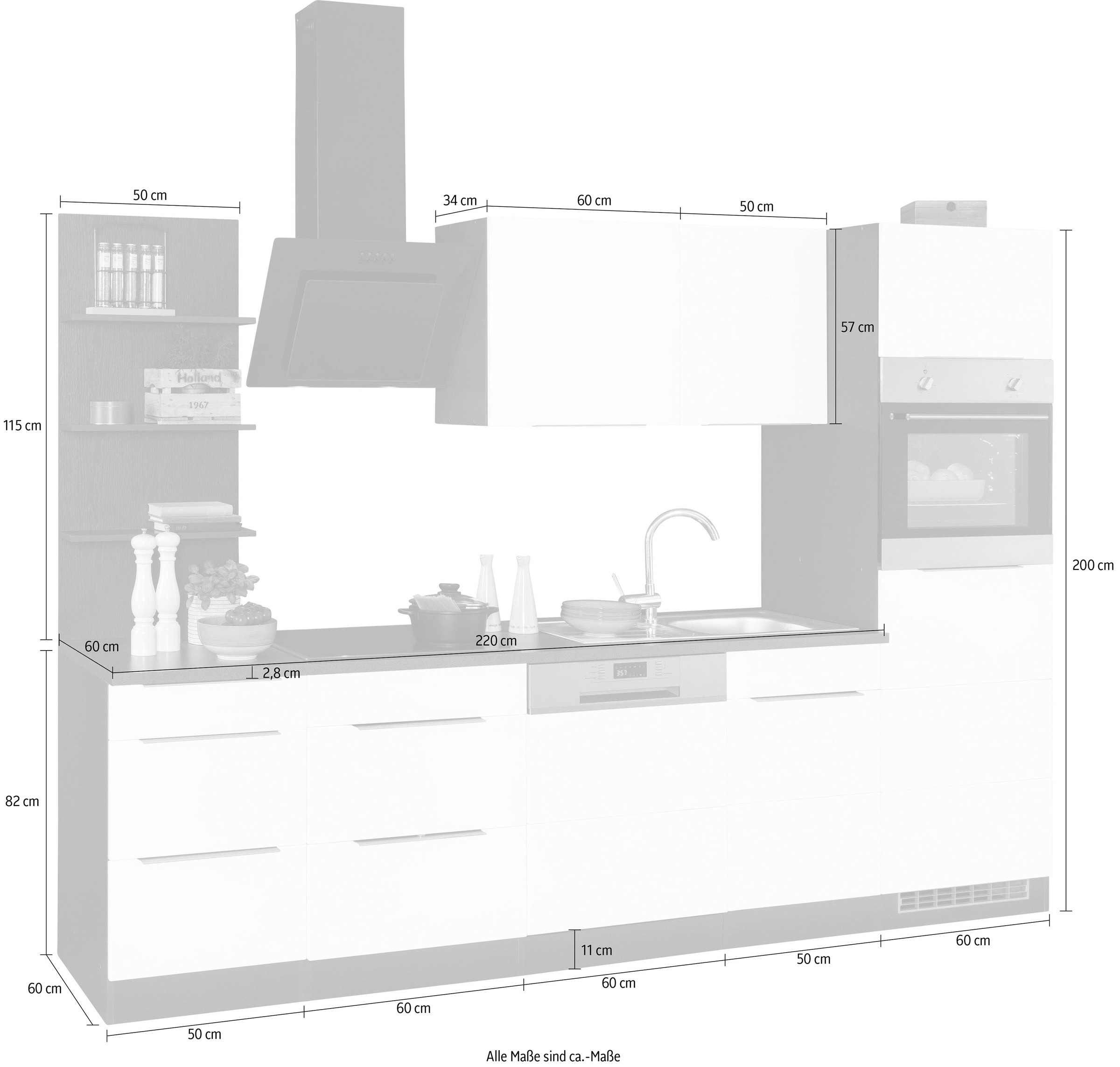 KOCHSTATION Küchenzeile »KS-Brindisi Breite 280 cm«, wahlweise mit E-Geräten und Induktion, mit MDF-Fronten und Regal