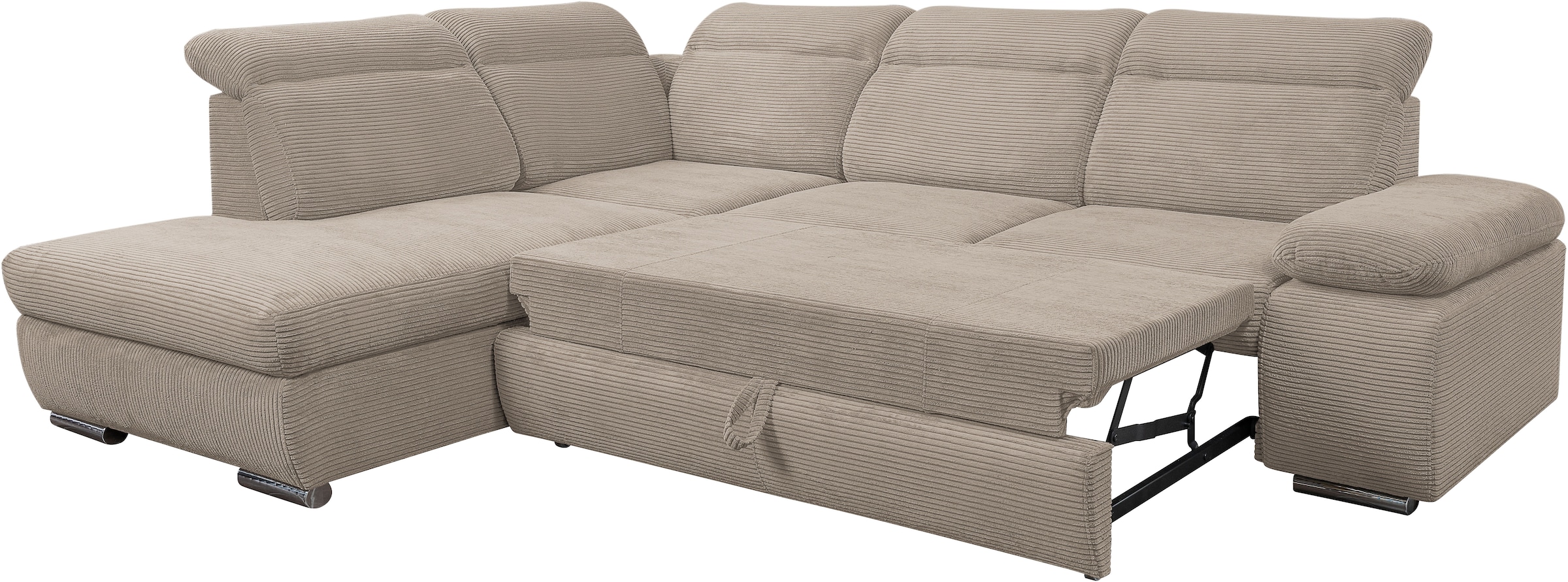 WERK2 Ecksofa »Alicante Cord, inkl. Bettfunktion & Bettkasten, Breite 280cm, L-Form« Schlafsofa mit Bettkasten & verstellbaren Kopfstützen.
