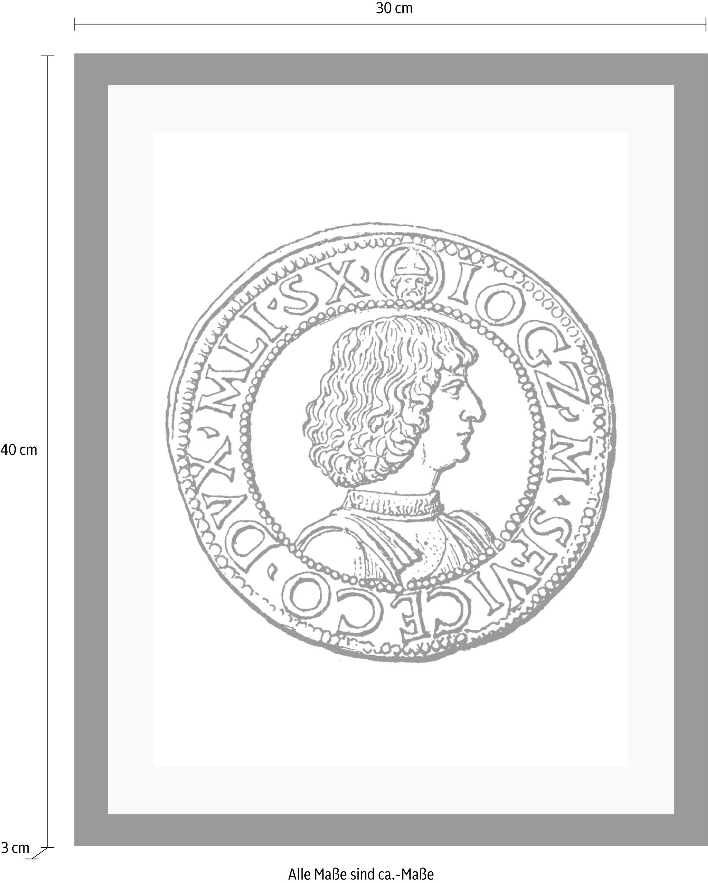 queence Bild »Münze« Historische Persönlichkeiten | Schwarz-Weiß HD Premium Poster-Druck inkl. Holzrahmen