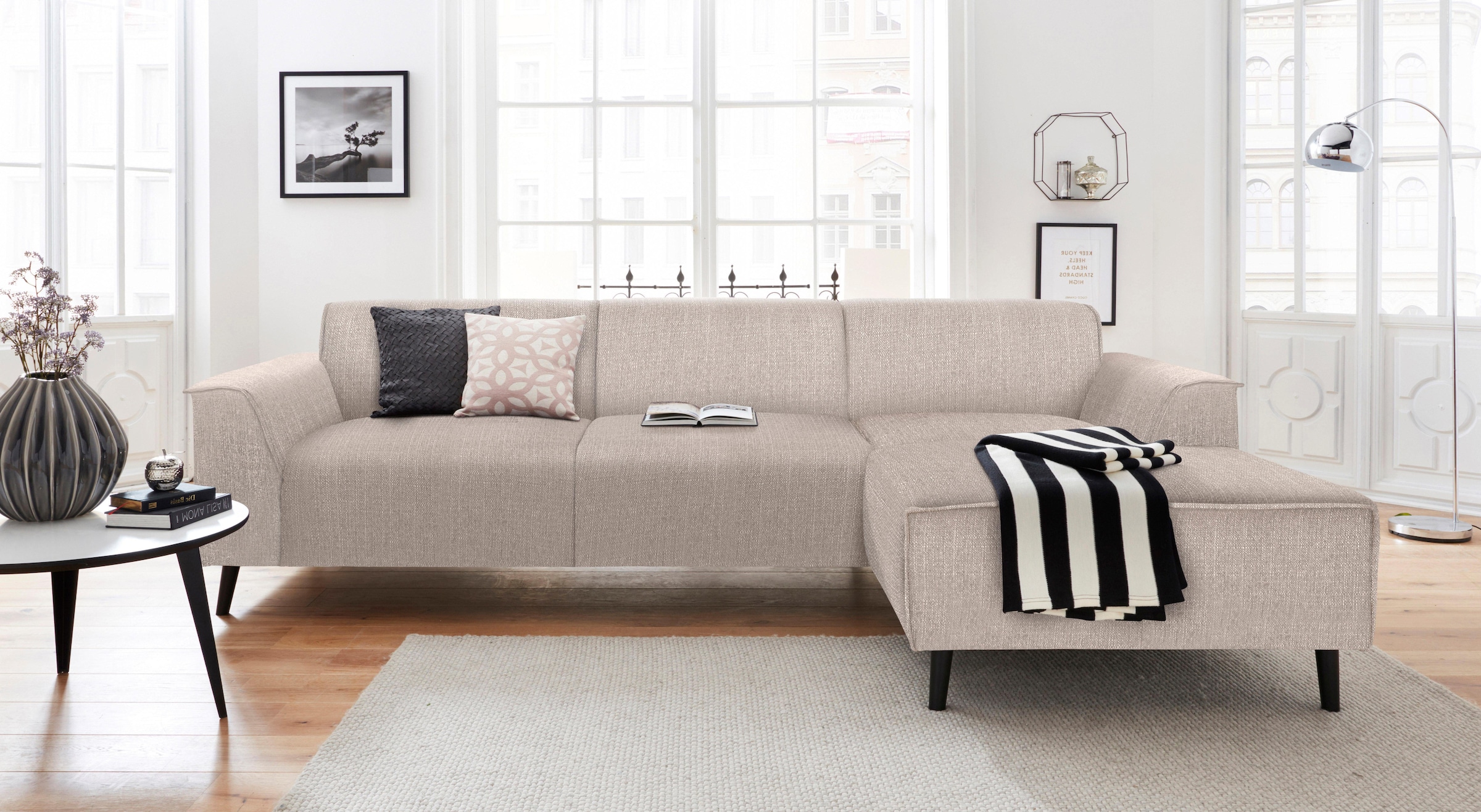 DOMO collection Ecksofa »Amora, inklusive komfortablem Federkern für mehr Sitzkomfort, L-Form«, mit Recamiere, zeitlos und elegant, Komfortsitzhöhe 47cm