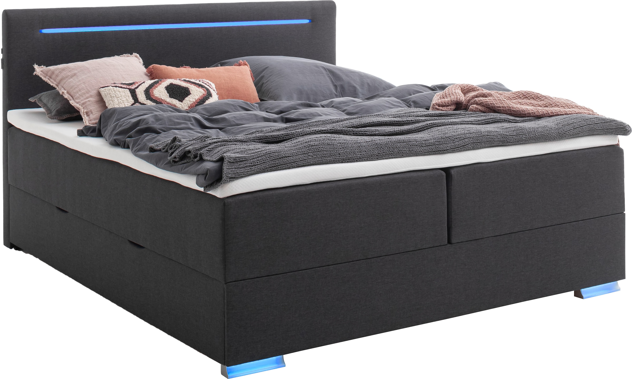 meise.möbel Boxspringbett »Las Vegas«, Füße und Kopfteil mit LED-Beleuchtung, mit Bettkasten und Topper