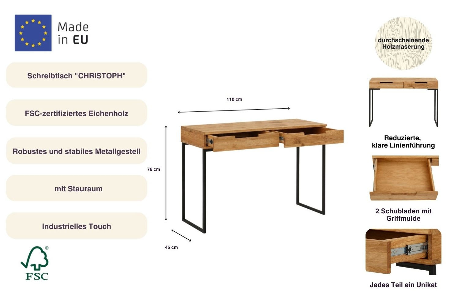 Home affaire Schreibtisch Maße (B/T/H): 110/45/76 cm,  Laptoptisch, Eichenholz, mit 2 Schubladen, filigranes Metallgestell