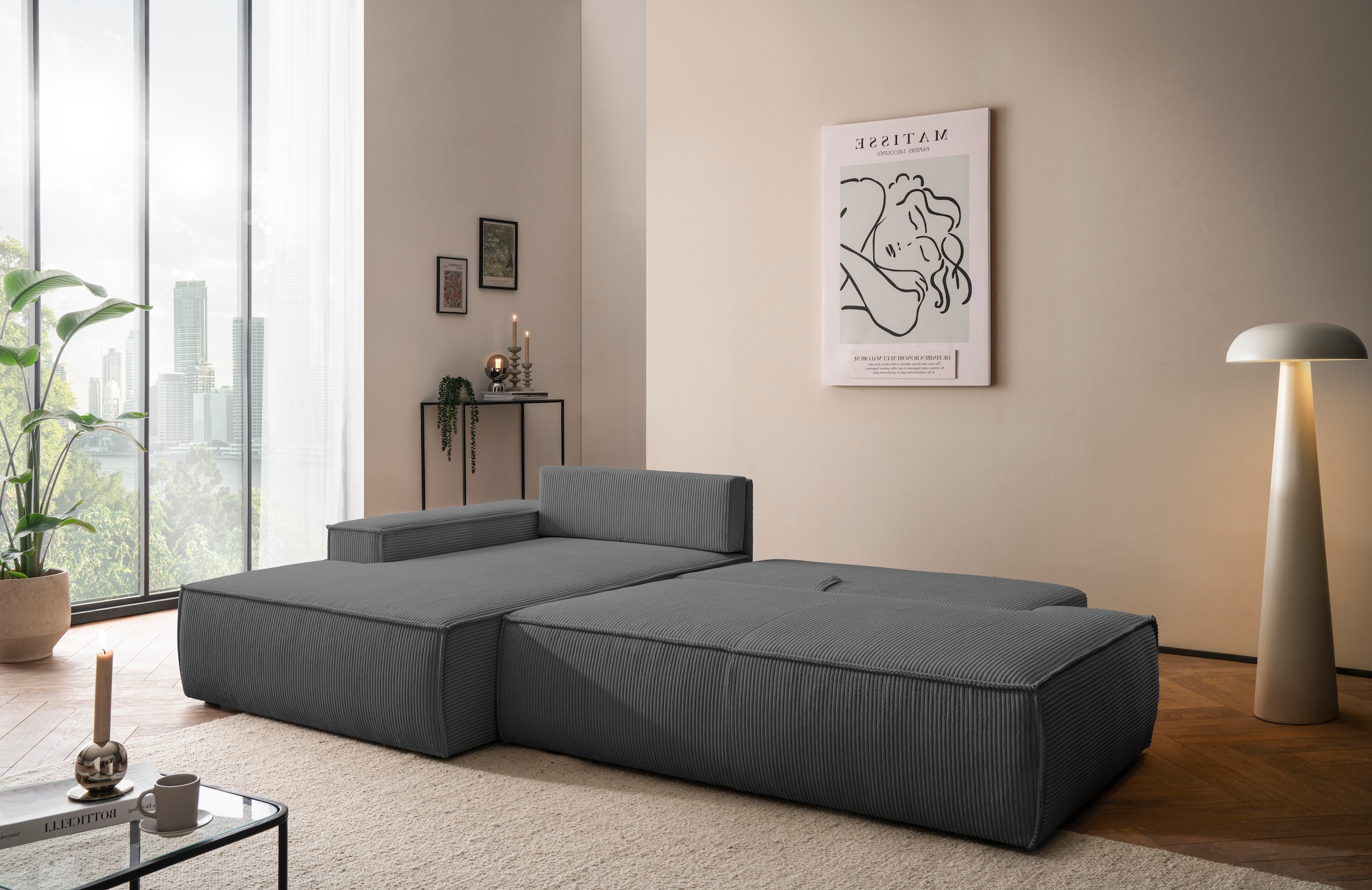 Home affaire Ecksofa »SHERWOOD, Schlafsofa in L-Form offen (275cm), Cord, Leinenoptik«, Schlaffunktion und Bettkasten, Kedernaht, hoher Sitz- & Liegekomfort