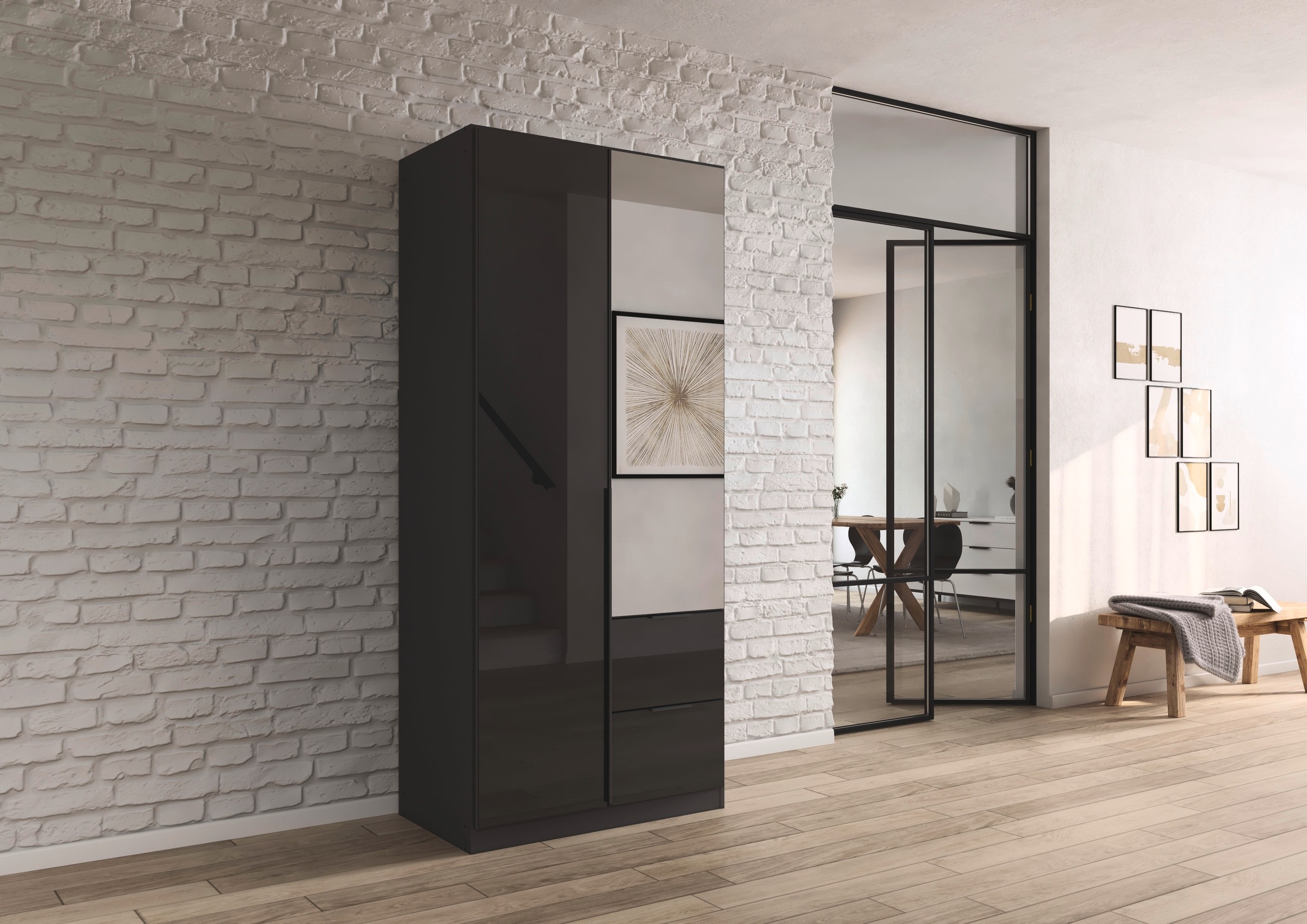 OTTO home Drehtürenschrank »Kleiderschrank Kleiderschränke Schrank Garderobe AGORDO mit Glasfront« in zwei Griff-Farben, Breiten 91-360 cm,  mit Außenschubkästen, in 7 Breiten und 2 Höhen MADE IN GERMANY