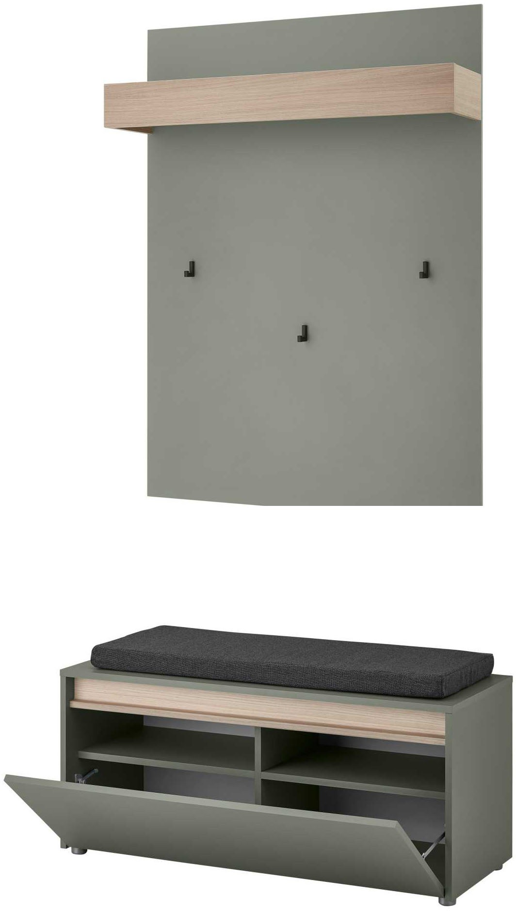 INOSIGN Garderoben-Set »GIRON/CiTY, moderne Garderobe, Komplettset mit viel Stauraum«, (Komplett-Set, 2 St.), enthält Garderobenpaneel & Schuhbank inkl. Sitzkissen, 100 cm breit