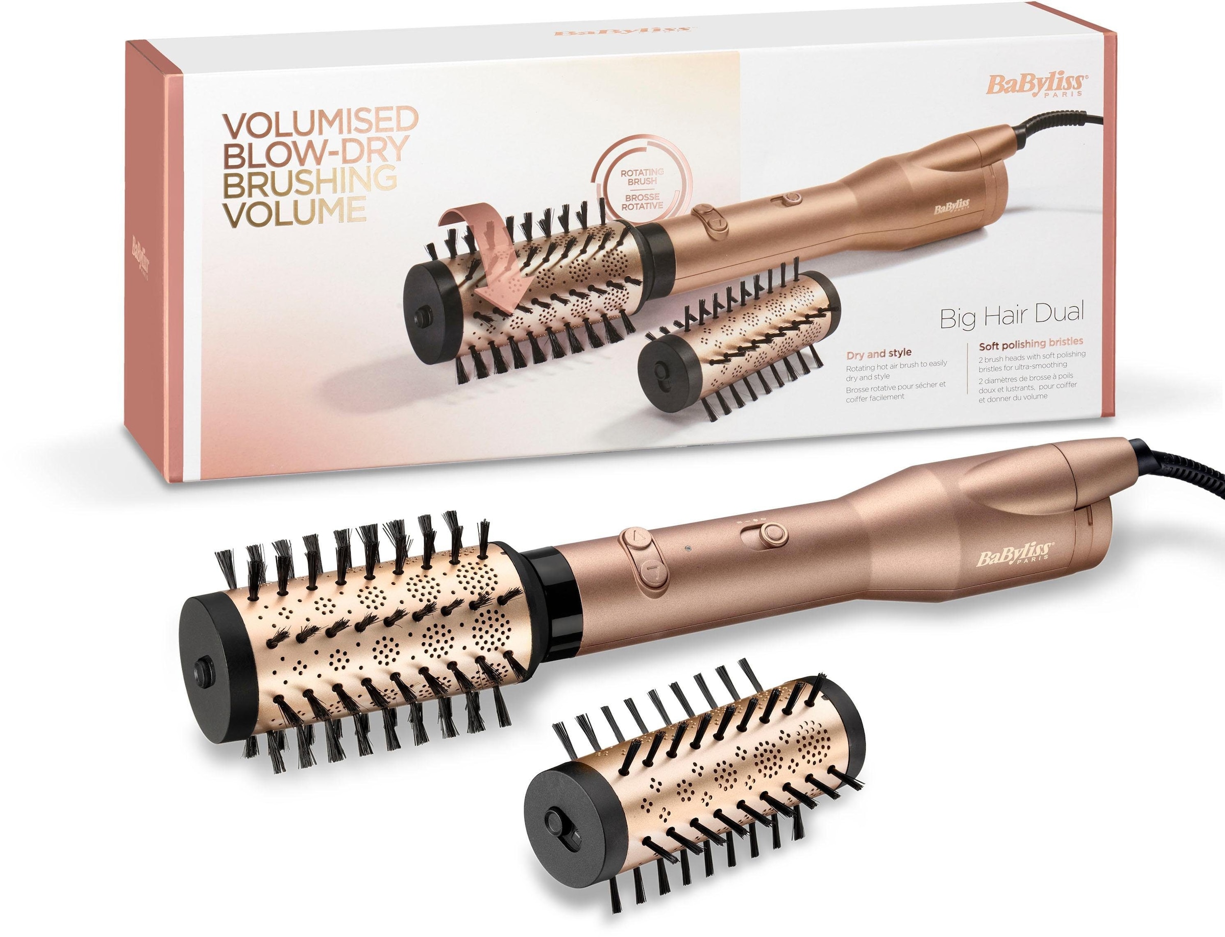 BaByliss Warmluftbürste »AS952E Big Hair Dual«, 2 Aufsätze}, rotierende Warmluftbürste mit 2 Aufsätzen