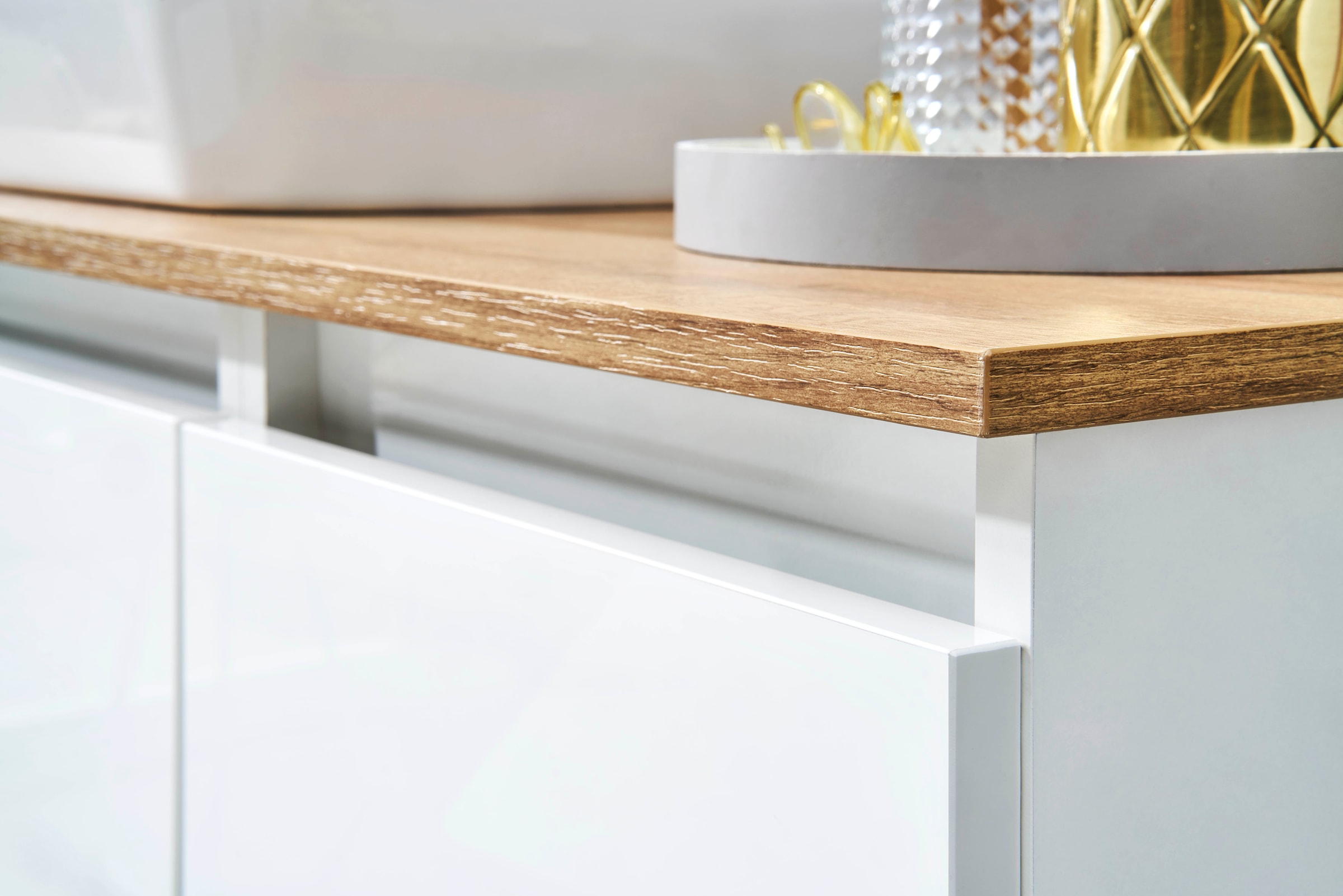 Saphir Badmöbel-Set »Quickset 360 2-teilig, mit Keramik-Aufsatzbecken und LED-Spiegel«, (Set, 2 St.), in Weiß Glanz, Riviera Eiche quer Nachbildung, 4 Schubladen