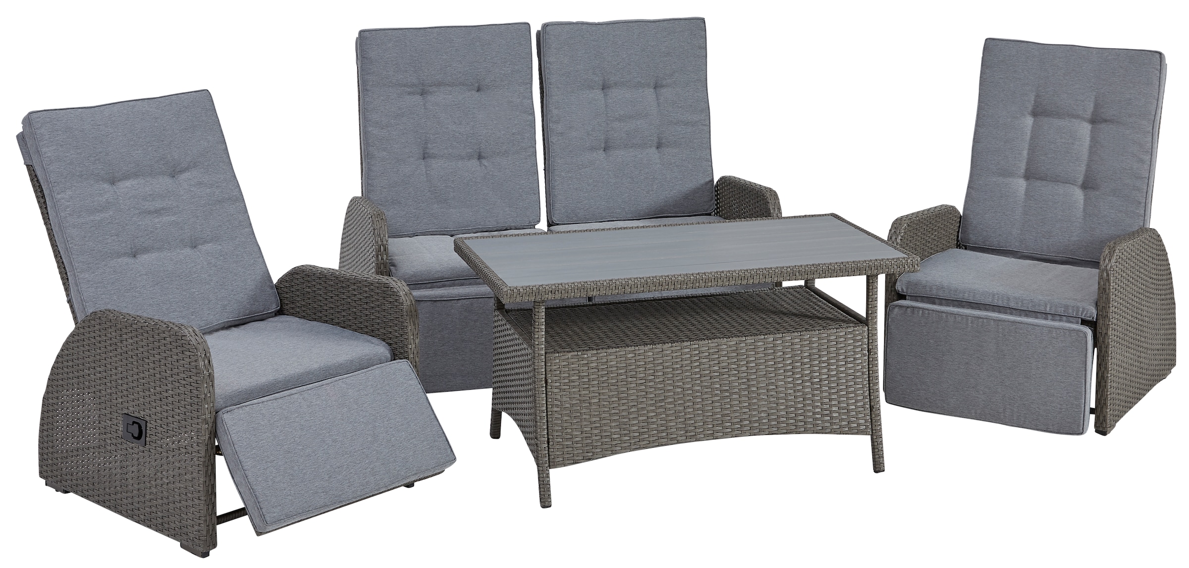 KONIFERA Gartenlounge-Set »Vigo«, (Set, 8 tlg., 2x Sessel, 1x 2er Sofa, 1x Tisch 120x60x60cm, inkl. Auflagen), Polyrattan, Aluminium, verstellbare Rückenlehne und Fußablage