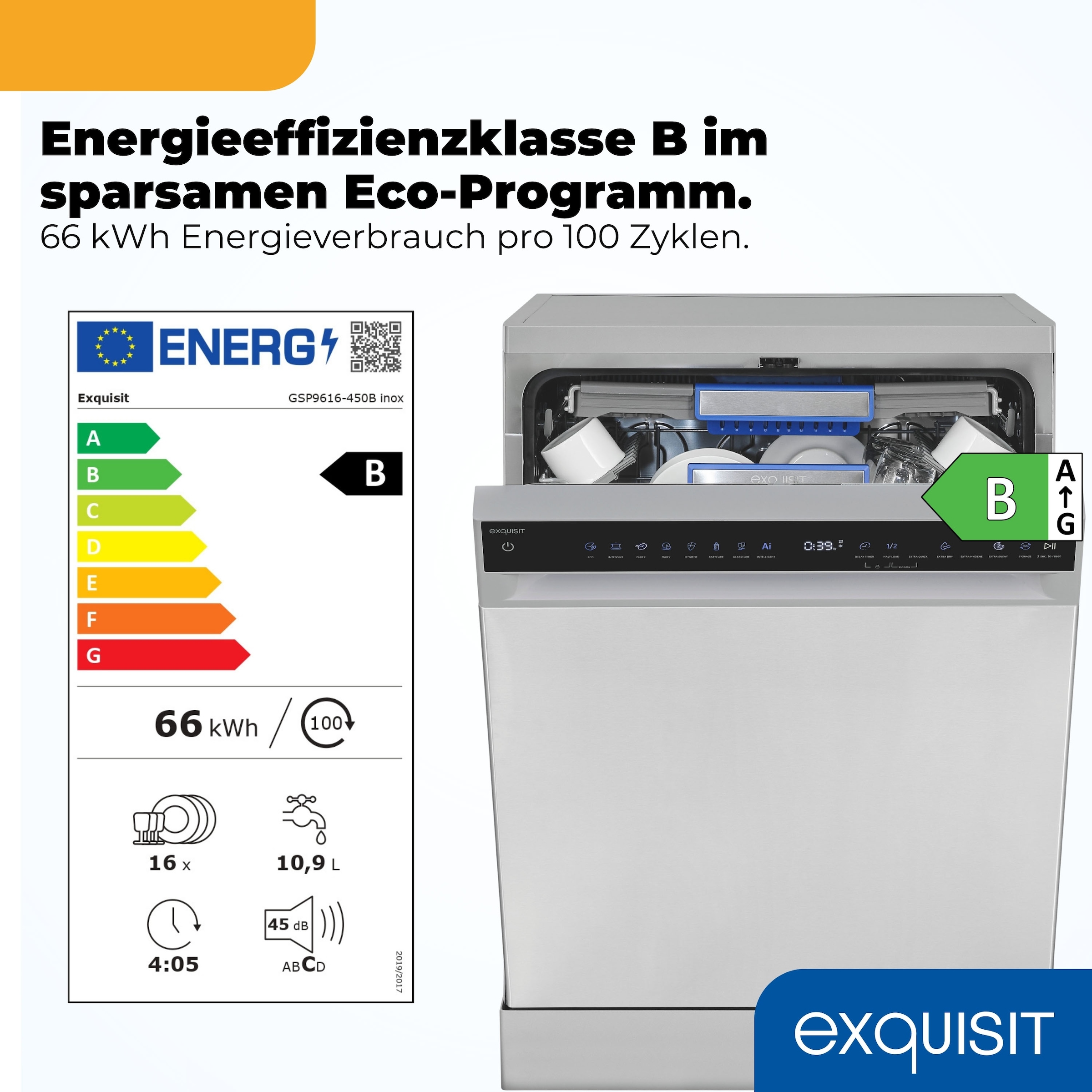 exquisit Standgeschirrspüler 9616 »GSP9616-450B inox« 10,9 l 16 tlg. Maßgedecke 16 Maßgedecke & flüsterleise 44 dB – stark und angenehm ruhig