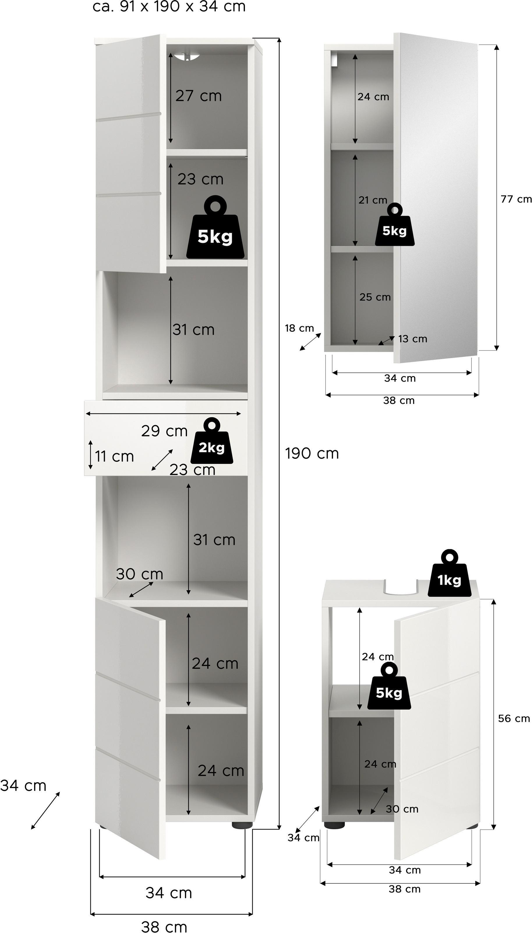 welltime Badmöbel-Set »Biel, Höhe 190 cm, Hochschrank, Unterschrank, Spiegelschrank«, (3 St.), Bad Set, modernes Design, Hochschrank, Unterschrank, Spiegel