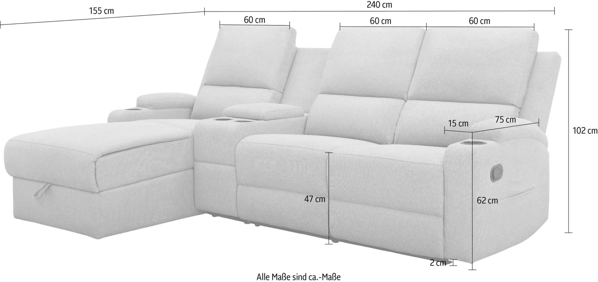 Home affaire Ecksofa »NAPORI Multimediasofa, 3er Kinosessel XXL, L-Form, Cord«, Kinosofa mit Relaxfunktion, Getränkehalter, Staufach und Staukasten