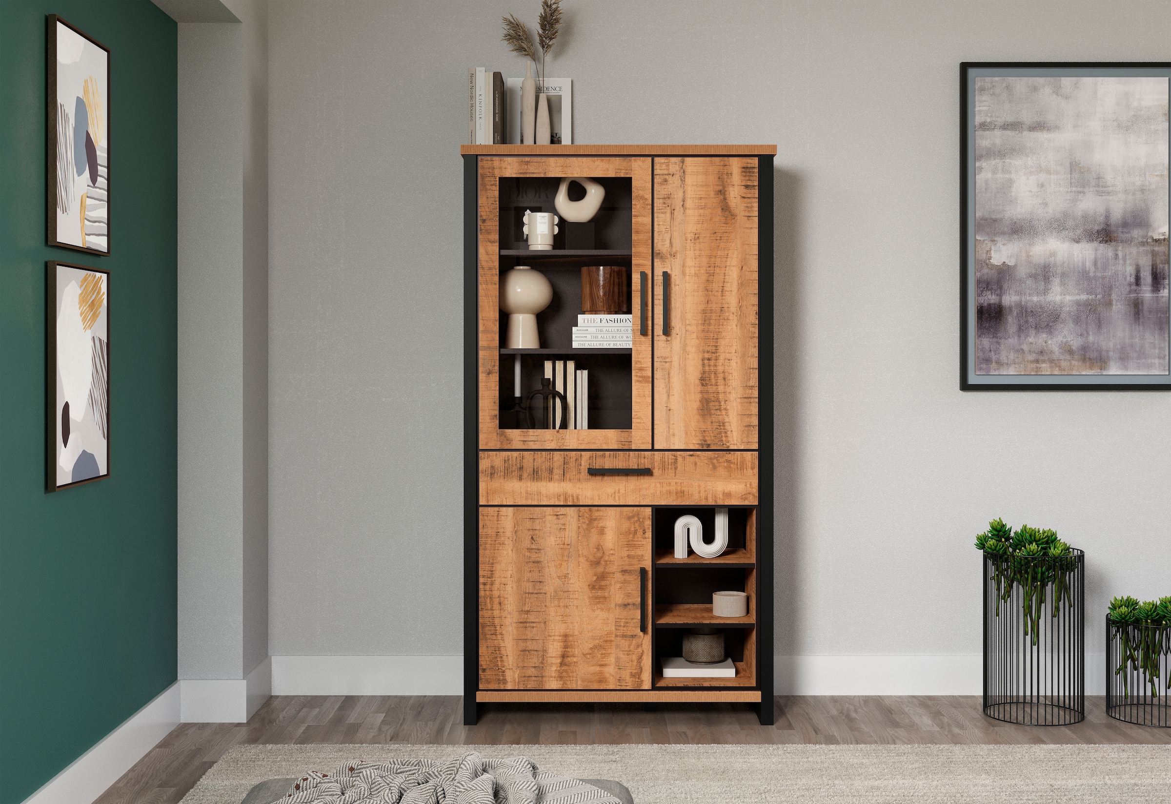 Home affaire Vitrine »Elda« 1 Stk. tlg. Vitrine mit 3 Türen & 1 Vollauszug Schublade - (B/T/H) 106/45/195 cm