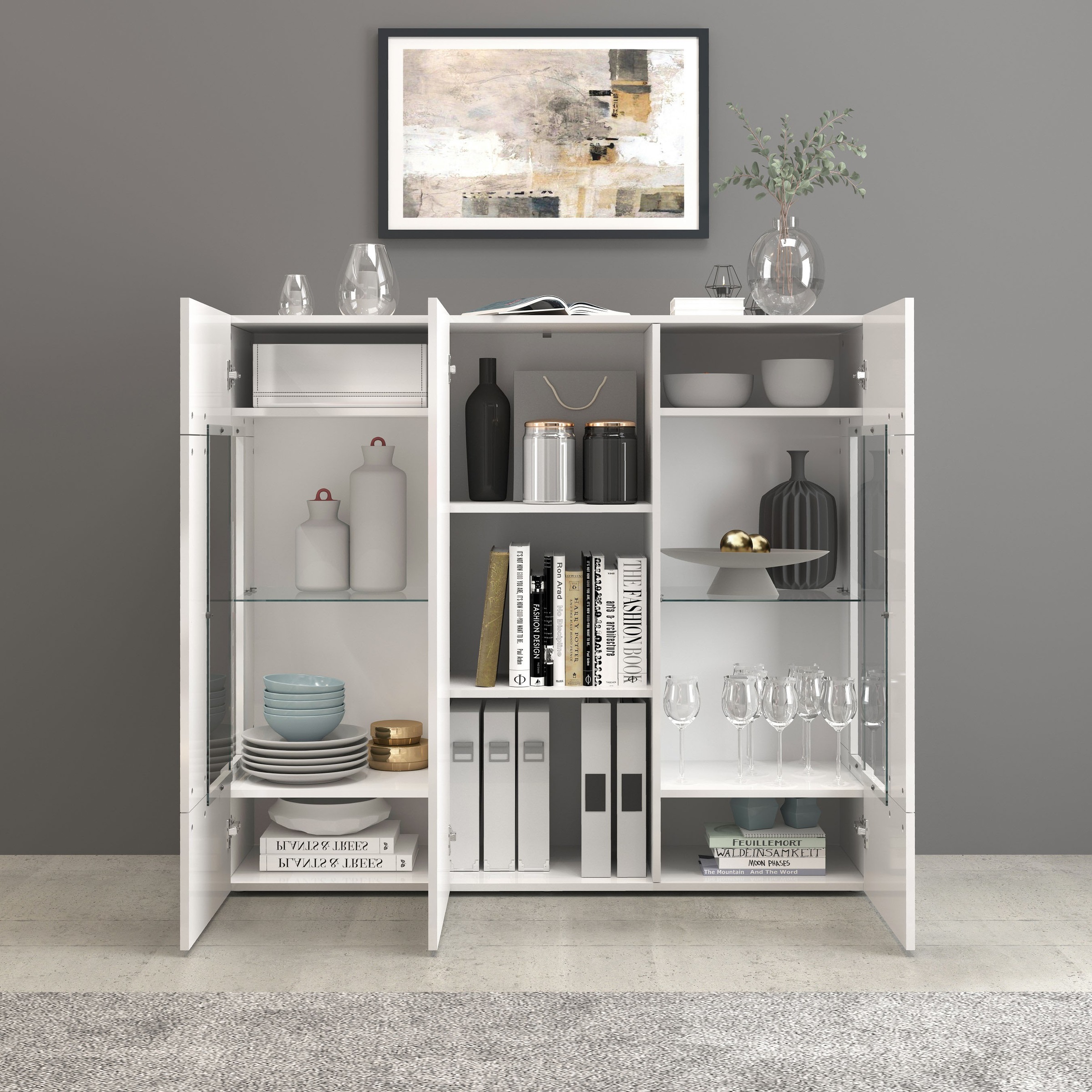 INOSIGN Highboard »Egypt, Highboard, Hochschrank, Hochkommode, Vitrine«, mit 3 Türen davon 2 mit Glaseinsatz,kompl. Hochglanz lack.,Breite 135