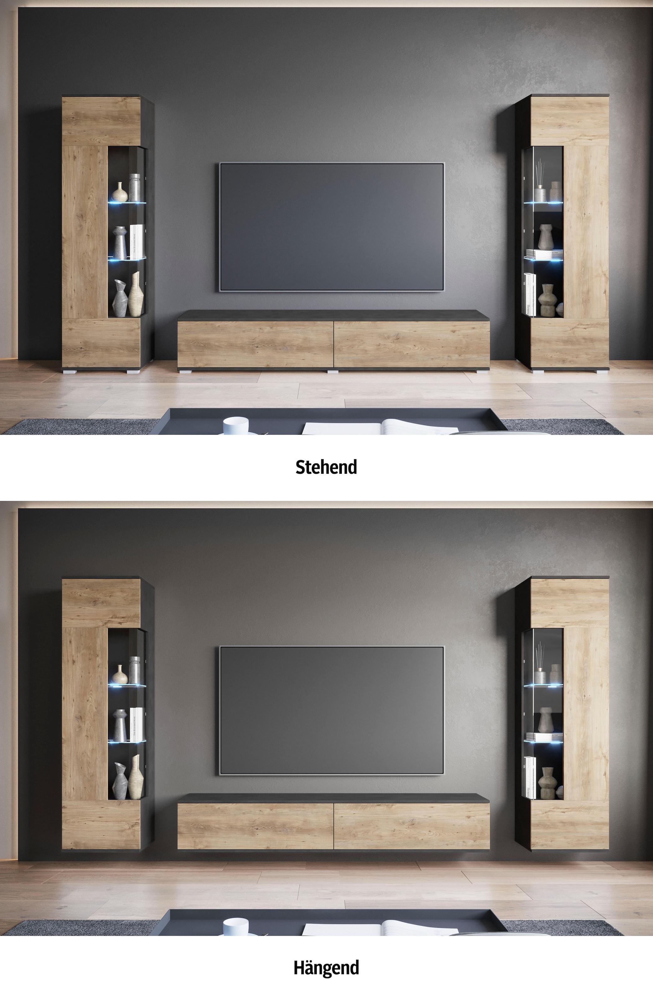 INOSIGN Wohnwand »Kenia, Vitrine Türanschlag links/rechts wechselbar«, (3 St.), Vitrinen mit Eckverglasung, hängend und stehend montierbar