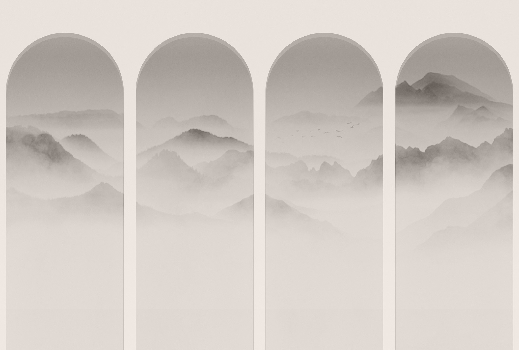 living walls Vliestapete »Fototapete Berglandschaft Grau Beige Asiatisch« matt glatt