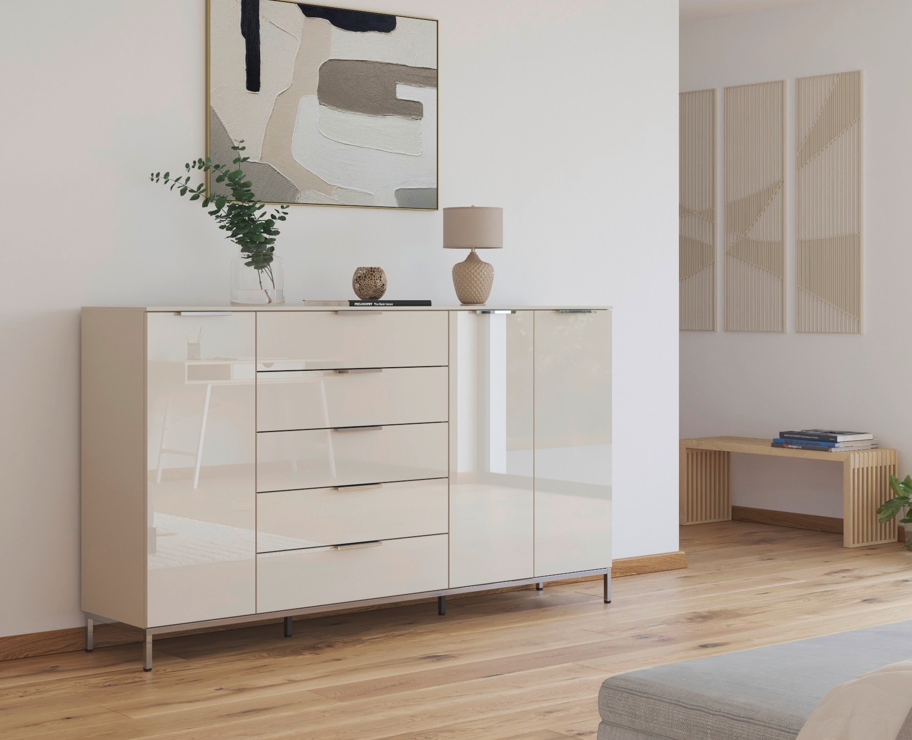 rauch Kombikommode »Kommode Türkommode Sideboard Kombikommode FLIPP mit Glasfront«, (Breite 200 cm mit 4 Einlegeböden), 3-türig mit 5 Schubladen und Soft-Close-Funktion sowie Glasfront