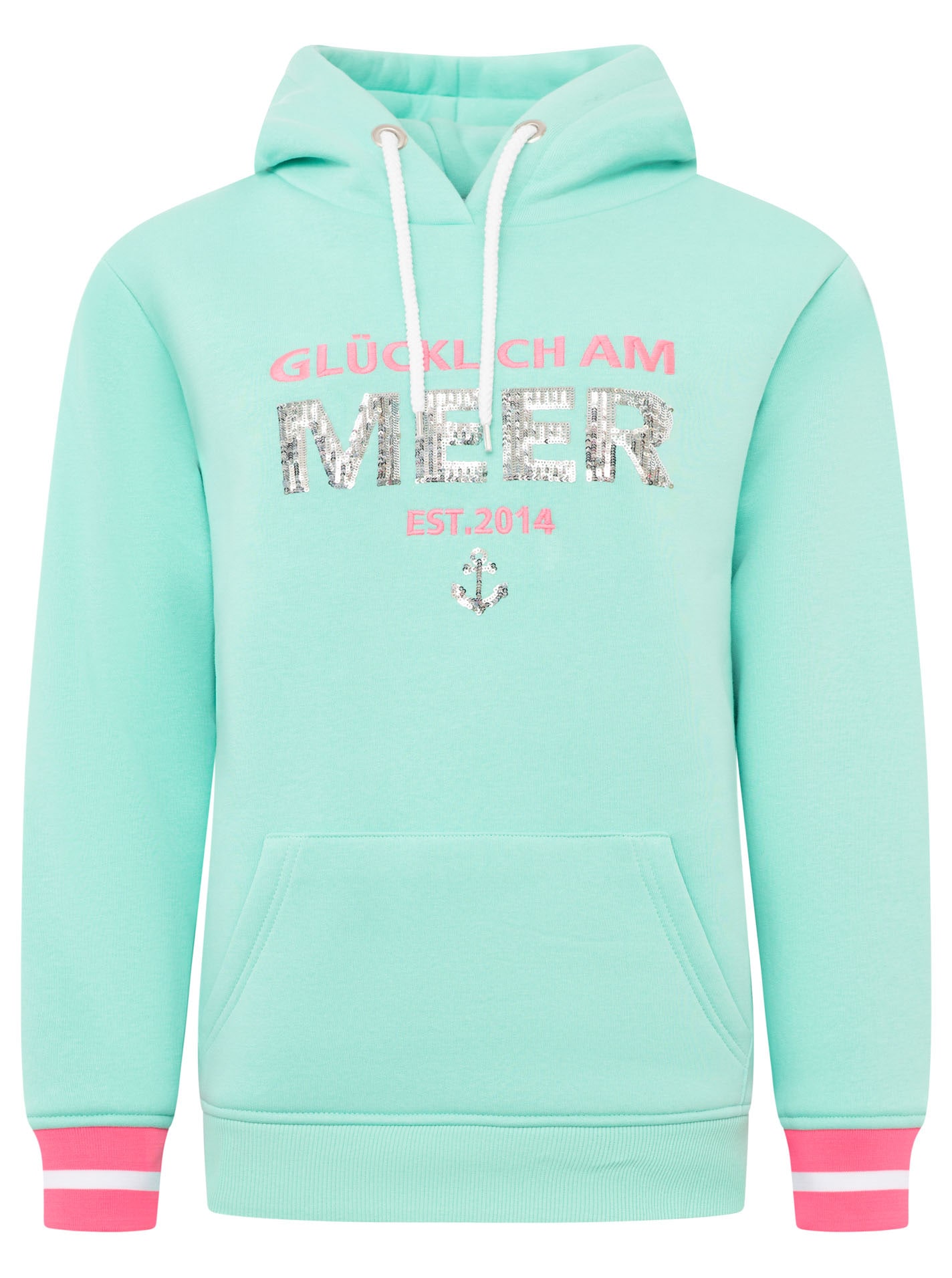 Zwillingsherz Hoodie »"Glücklich am Meer"«, mit Pailletten, Kapuze und kontrastfarbigen Bündchen
