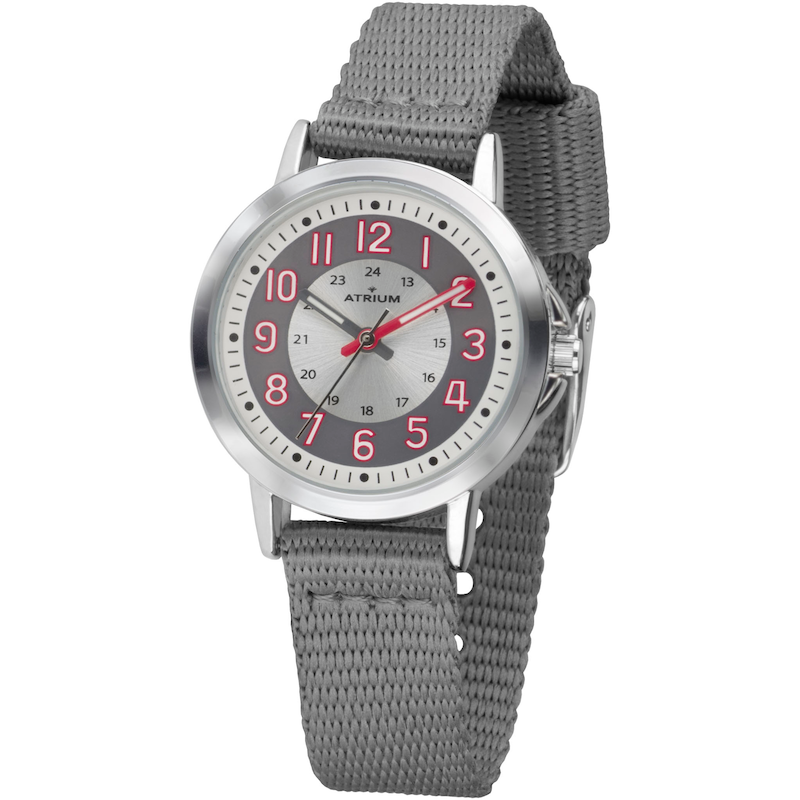 ATRIUM Quarzuhr Armbanduhr, Kinderuhr, Lernuhr, Mädchen, Jungen, Schulanfang, Geschenkidee grau-rot Angesagte Kinderarmbanduhr