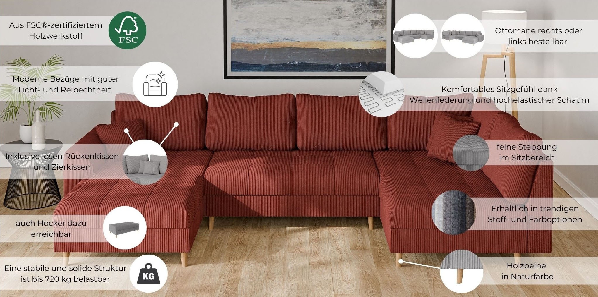 Home affaire Wohnlandschaft »CHARRE U-Form mit Ottomane, Maße B/T/H: 310/161/81 cm« feine Steppung, lose Rücken- und Zierkissen, auch in Cord und Bouclé