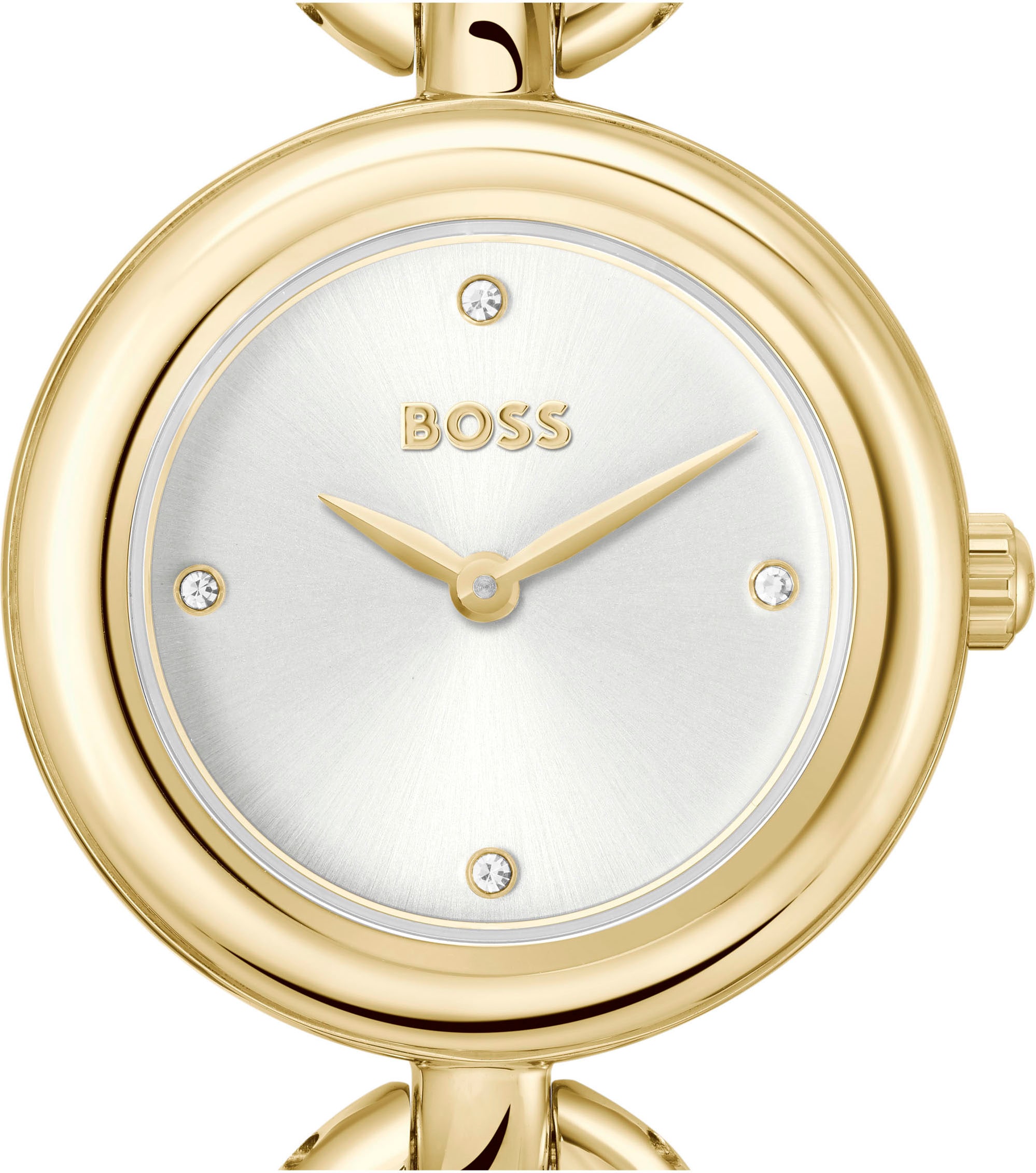 BOSS Quarzuhr »LIVE«, Armbanduhr, Damenuhr, Edelstahlarmband, analog, Glassteine
