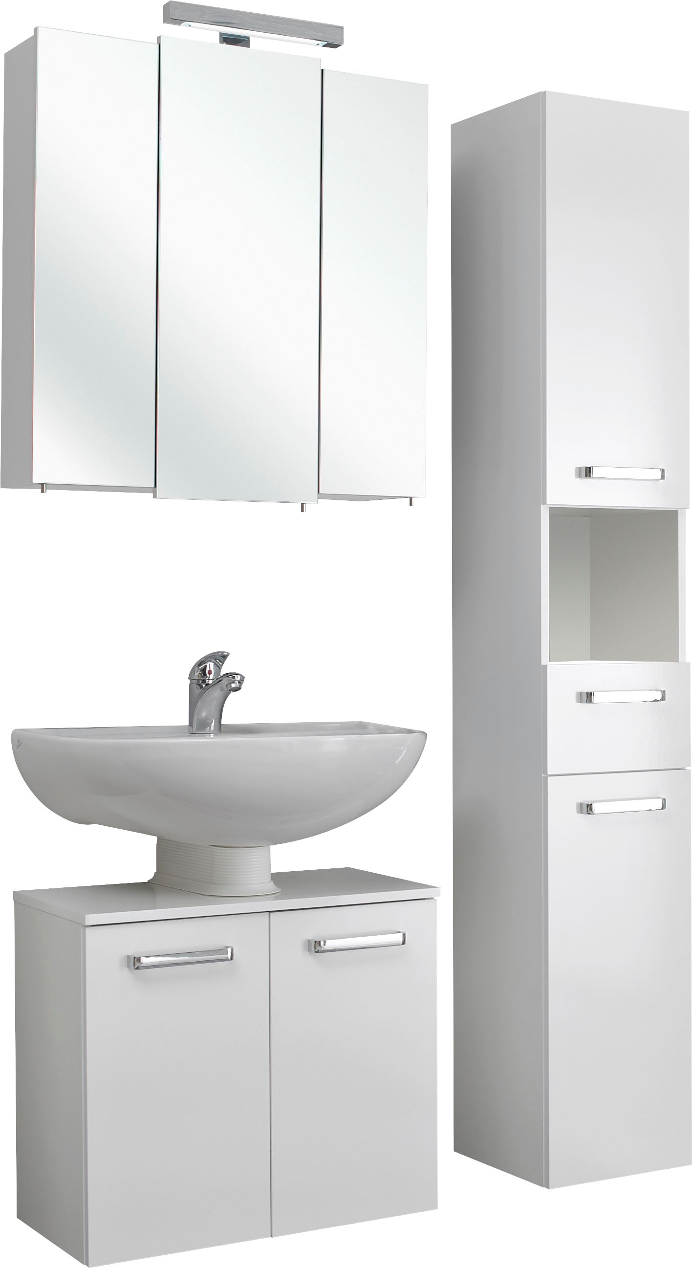 Saphir Badmöbel-Set »Quickset 3-teilig, Waschbeckenunterschrank mit LED-Spiegelschrank«, (3 St.), Waschplatz mit Hochschrank, 7 Türen, 1 Schublade, inkl. Türdämpfer