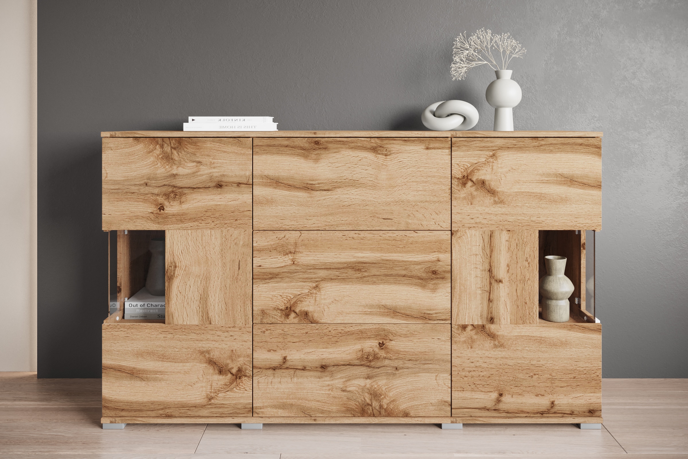 INOSIGN Sideboard »Kenia«, (1 St.), Sideboard mit 3 Schubladen, 6 Fächern, Glastüren, Breite 150 cm