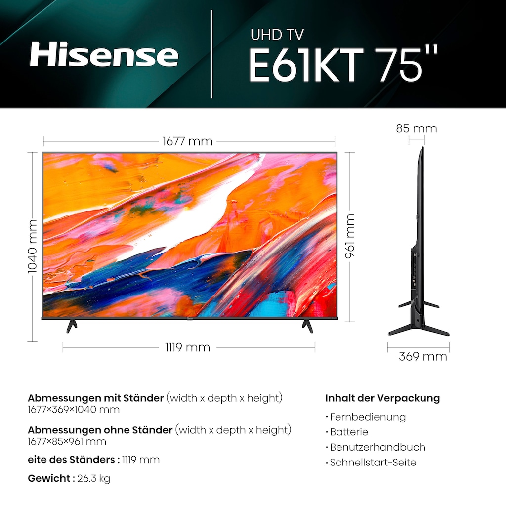 Hisense LED-Fernseher »75E61KT«, 190,5 cm/75 Zoll, 4K Ultra HD, Smart-TV, Smart-TV, Dolby Vision, Triple Tuner DVB-C/S/S2/T/T2