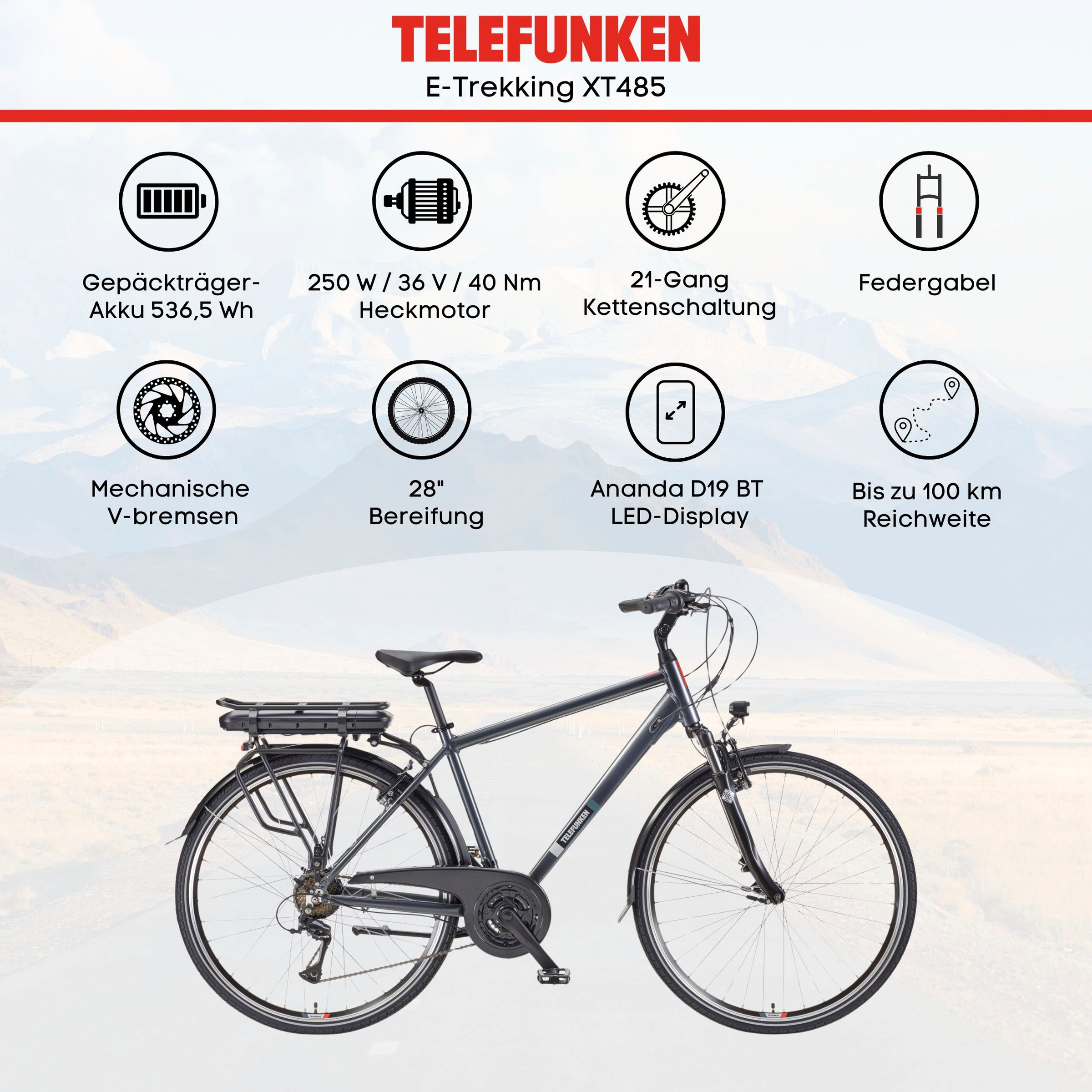 Telefunken E-Bike »E-Trekking Expedition XT485 Herren«, 21 Gang, Shimano, Acera, Heckmotor 250 W, Pedelec, Elektrofahrrad, Trekkingrad, Herren, innerhalb StVZO, 28 Zoll