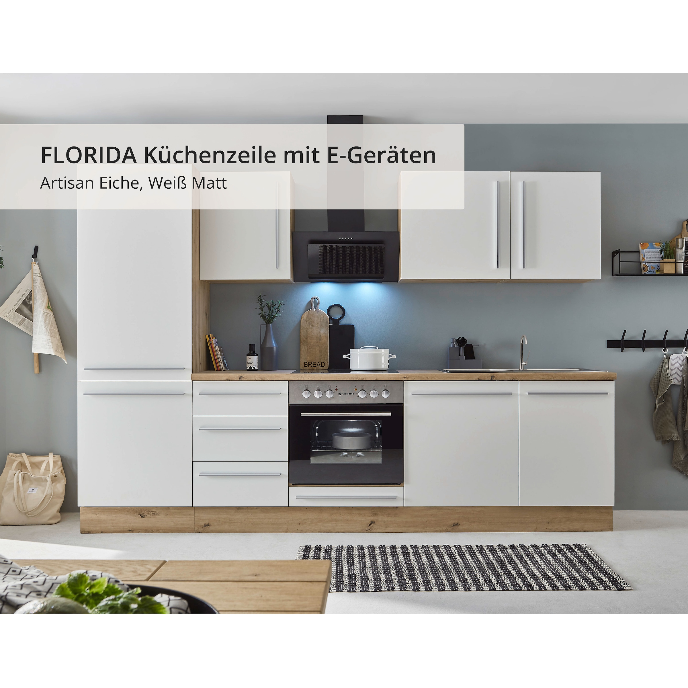 KOCHSTATION Küchenzeile »KS-Florida mit 38mm starker Arbeitsplatte«, Breite 280 cm, wahlweise mit E-Geräten, Soft-Close-Funktion