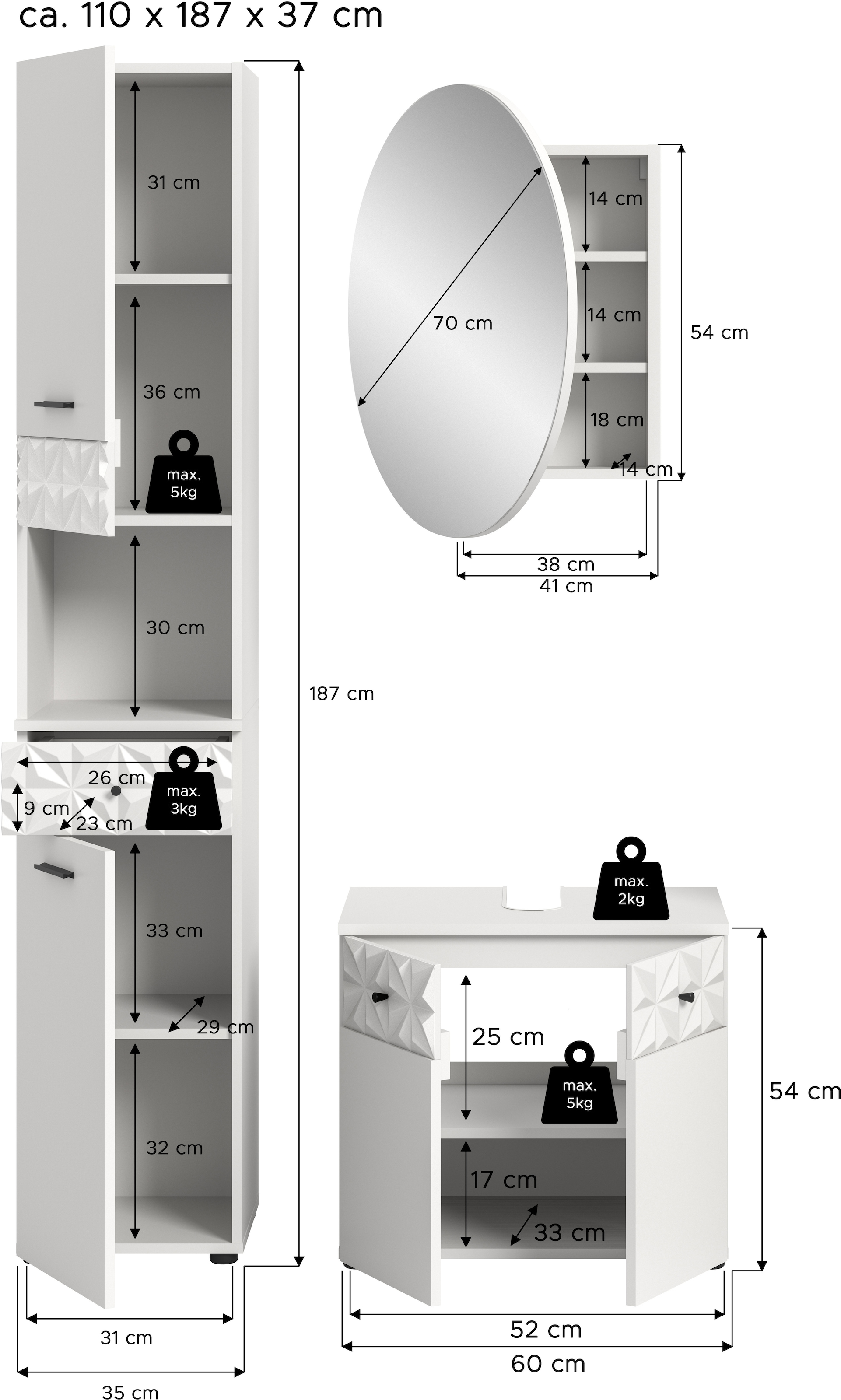 INOSIGN Badezimmer-Set »VICENZA, TOPSELLER!, Breite 110cm, 3-teilig, mit Ornamentabsetzung«, (best. aus: Hochschrank, Waschbeckenunterschrank und Spiegelschrank), Hochschrank, Waschbeckenunterschrank und Spiegelschrank