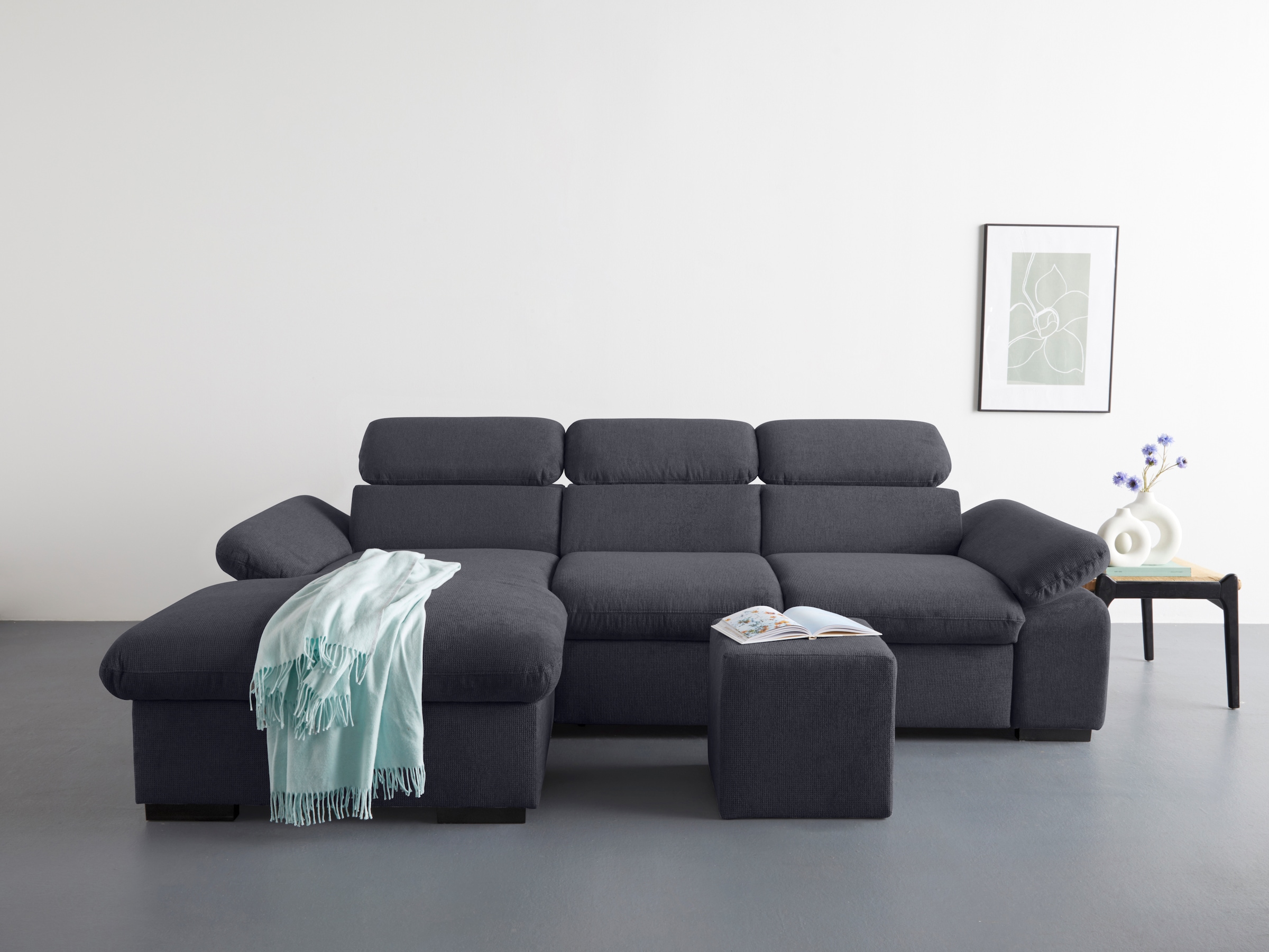COTTA Ecksofa »Lola L-Form mit Kopfteilfunktion & Hocker«, (Set, mit Hocker), wahlweise mit Bettfunktion, Bettkasten & Armteilverstellung