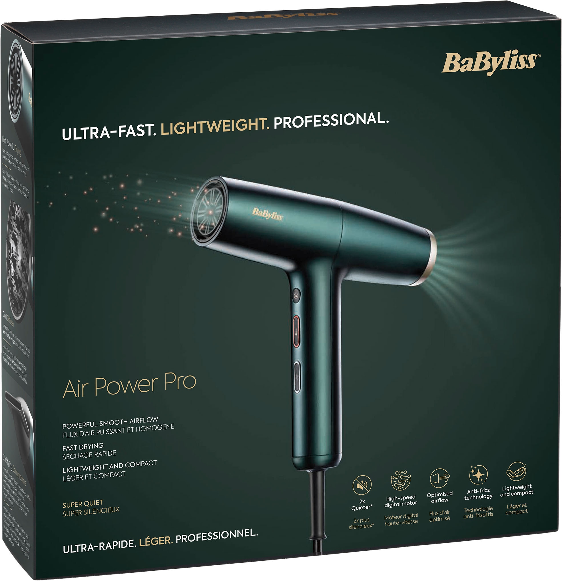 BaByliss Haartrockner »Air Power Pro D6555DE« 1.600 W 3 Aufsätze Hochgeschwindigkeits-Digitalmotor , Leicht, Föhn mit 3 Aufsätzen