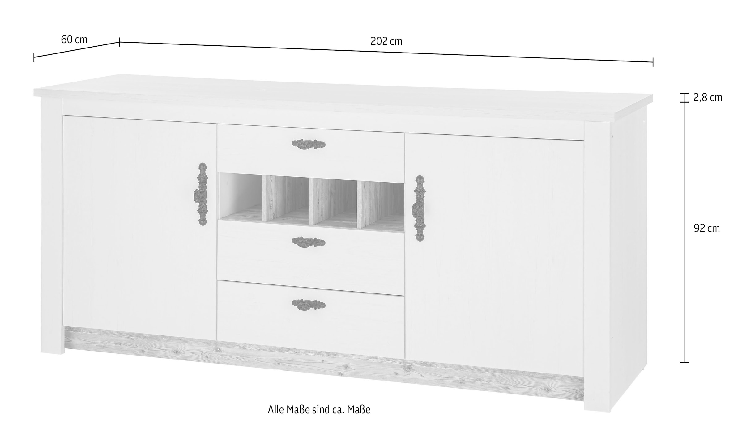 Home affaire Küchenzeile »Florenz, Küche in Pinie Weiß, mit Herdumbau, ohne E-Geräte«, (Set), Breite 264 cm, mit verschnörkelten Metallgriffen, Arbeitshöhe 92 cm