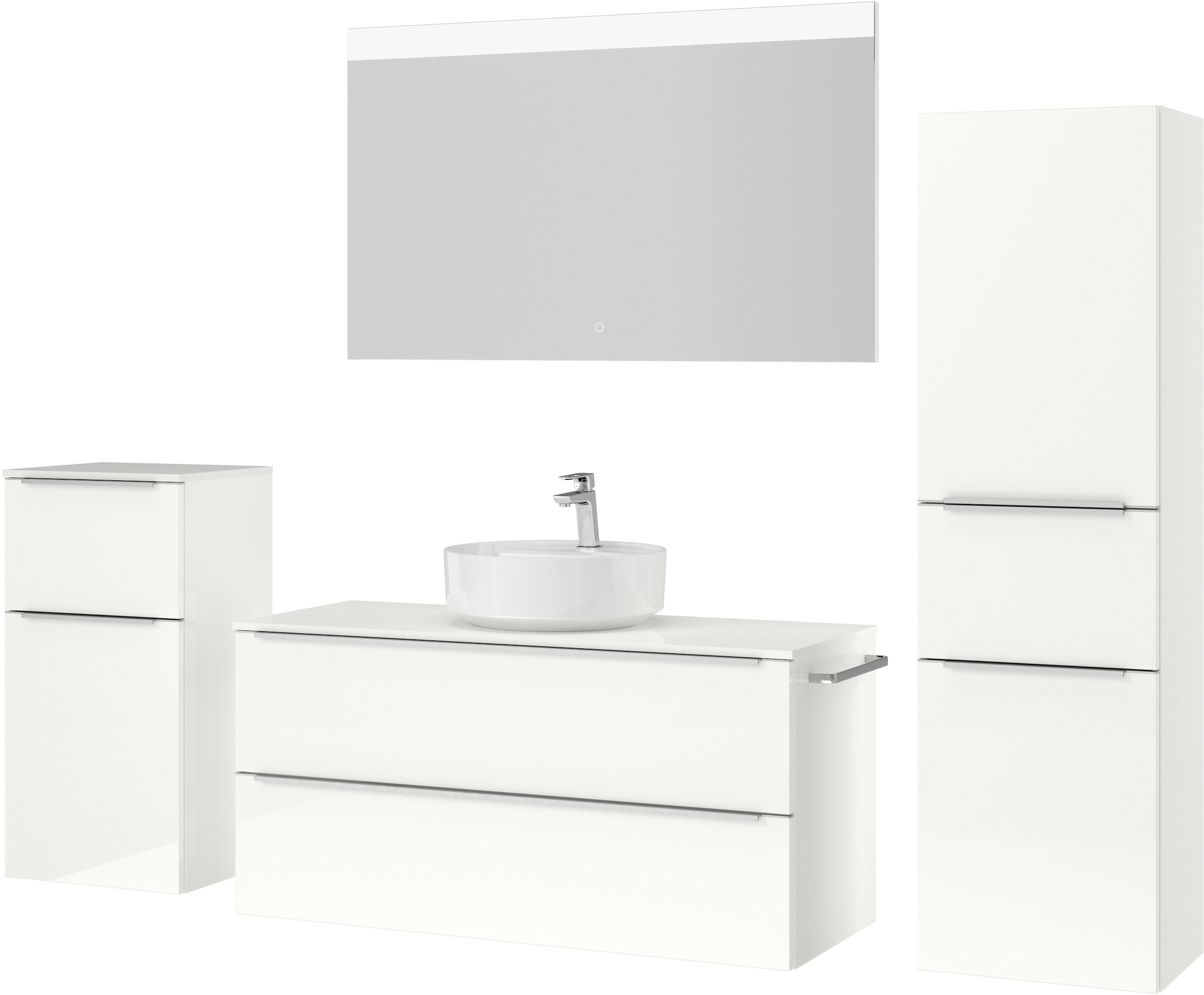 nobilia® Badmöbel-Set »Alvene«, (4 St., vormontiert, mit Soft-Close), Hochglanz, inkl. Spiegel mit Touch-Sensor, in vier Breiten