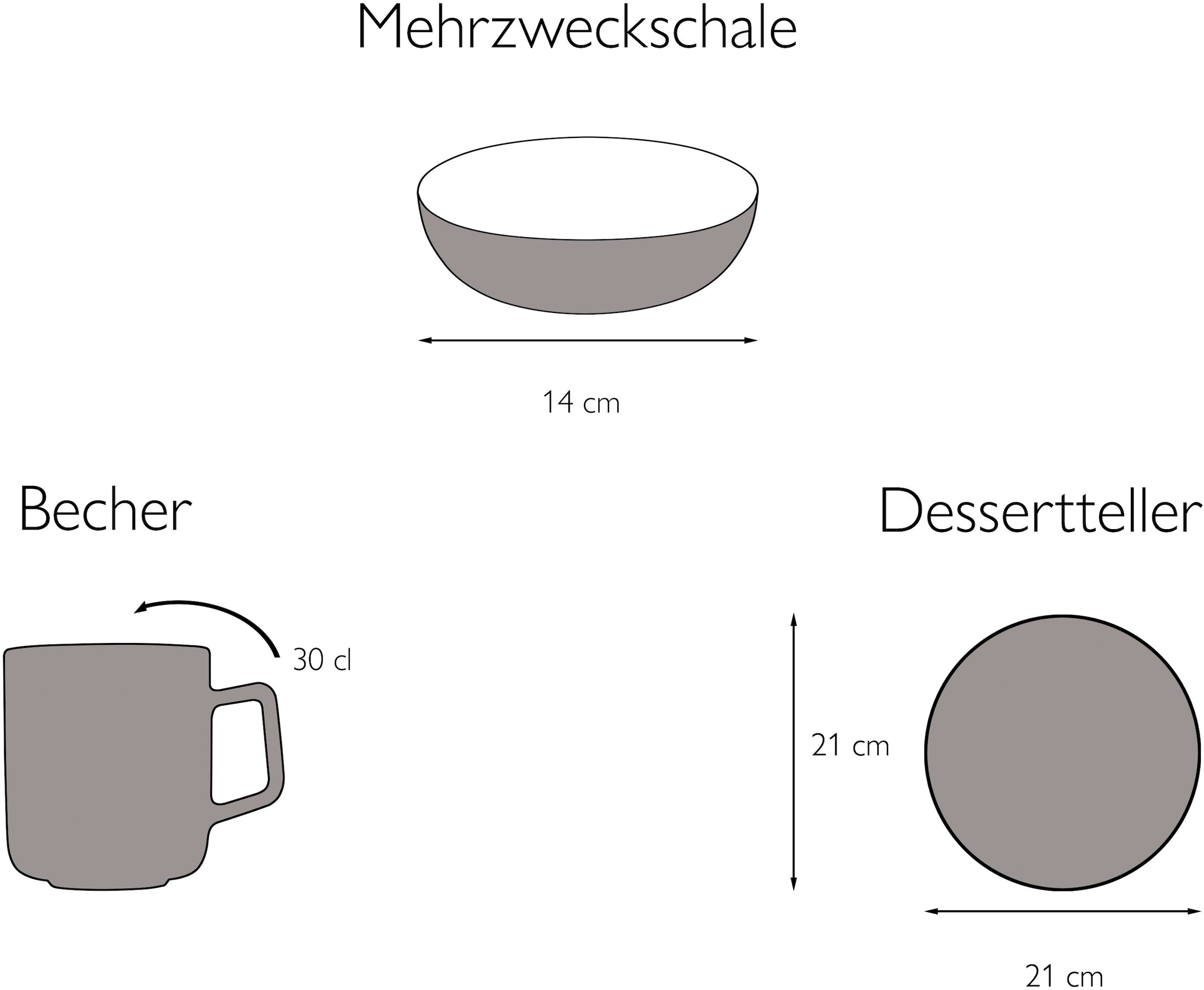 CreaTable Frühstücks-Geschirrset »Service, Cosy Morning (Teller, Schale, Kaffeebecher)«, (Set, 12 tlg., Kaffeebecher, Dessertteller und Müslischalen im Set, für 4 Personen), Kreisstruktur, in Pastell-Farben, 12 Teile, für 4 Personen