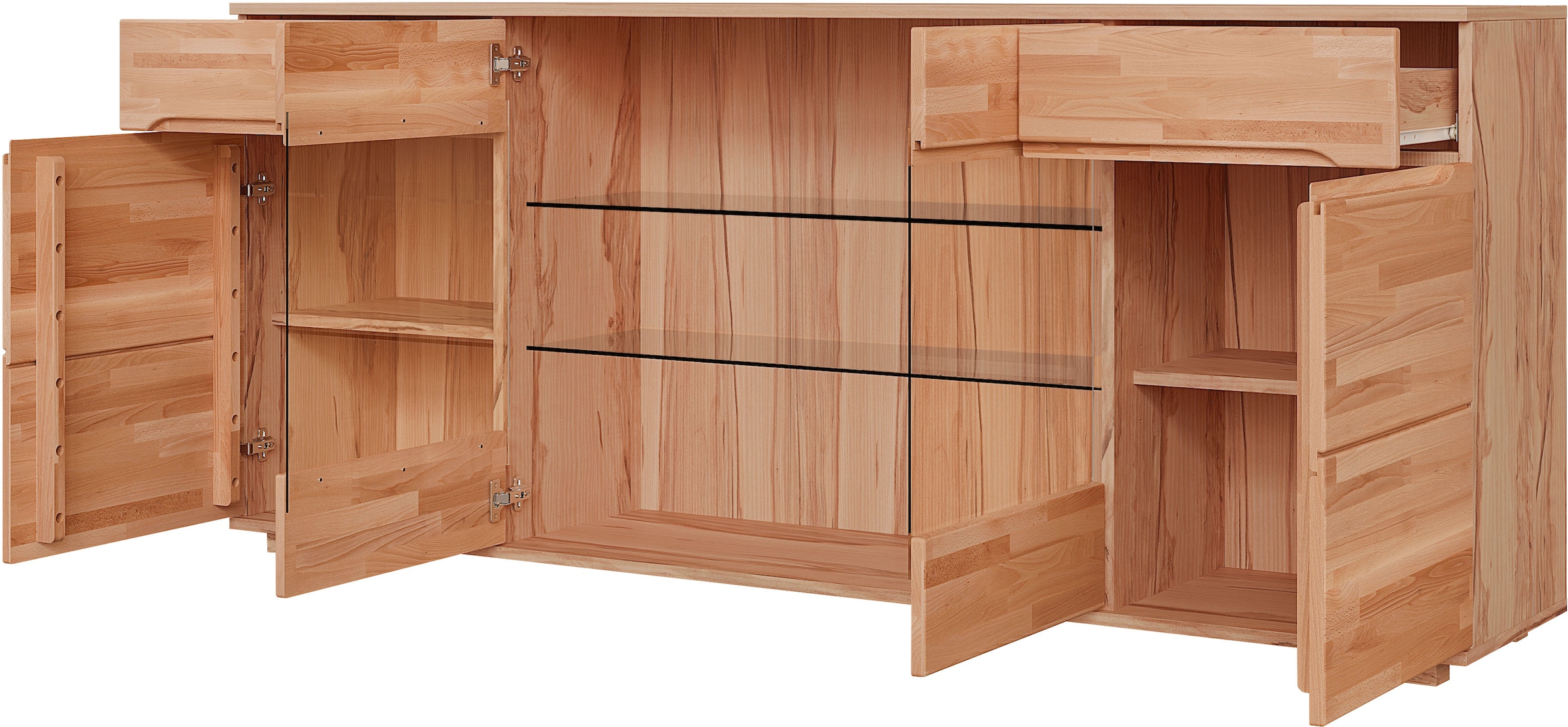 OTTO home Sideboard »VETRO Teilmassiv, Fronten Massivholz, Wohnzimmer, Stauraum,Griffmulde« B/T/H:199/40/85cm, 2 Schubladen, 7Fächer