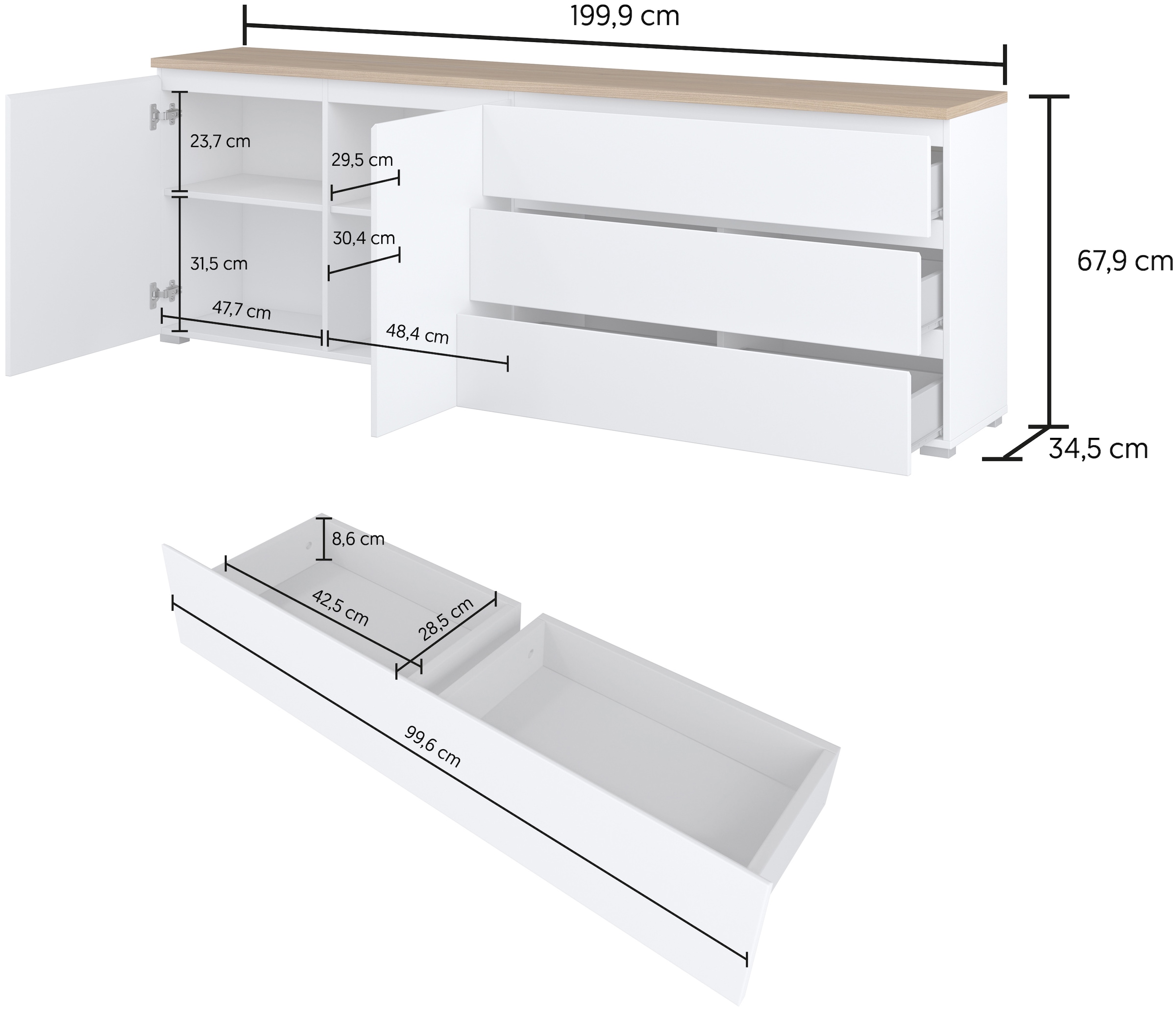 OTTO home Sideboard »Modo, Breite 200 cm, moderne grifflose Kommode 2Türen/3 SK« Schubladenkommode mit viel Stauraum, Einlegeböden verstellbar