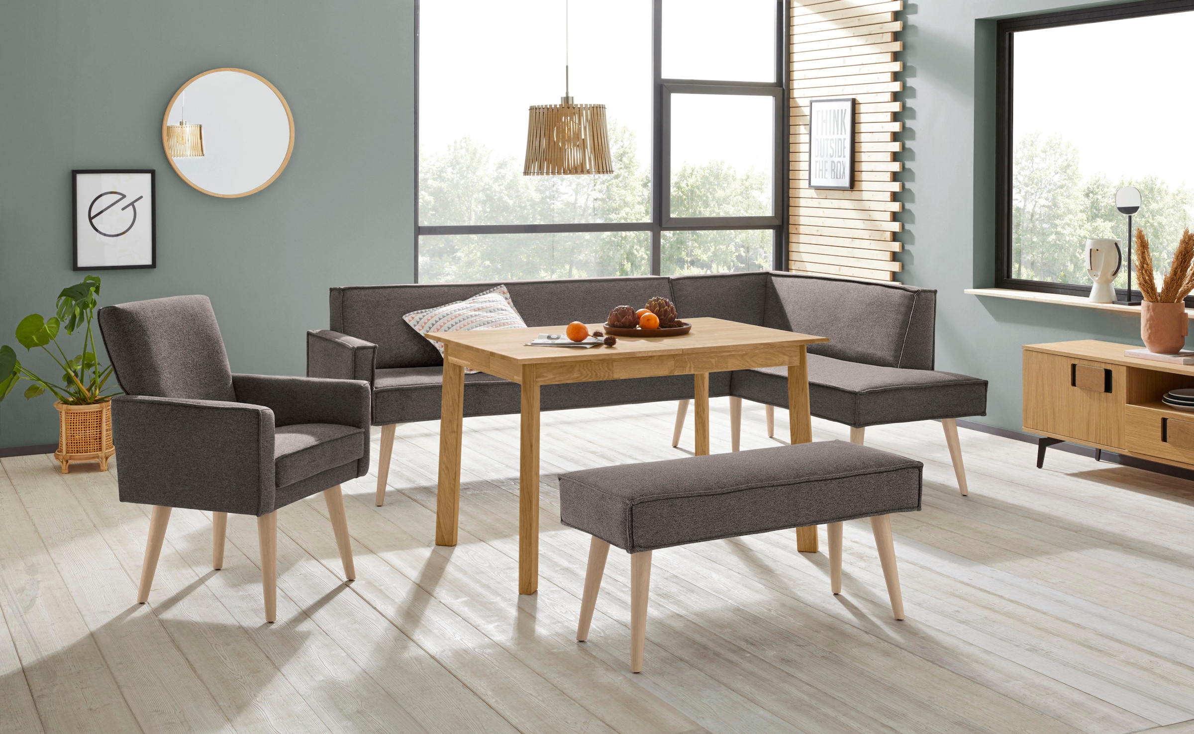 exxpo - sofa fashion Eckbank »Lungo, moderne Kedernaht, bequem und elegant, hoher Holzfuß«, hochwertige Detailverarbeitung, frei im Raum stellbar