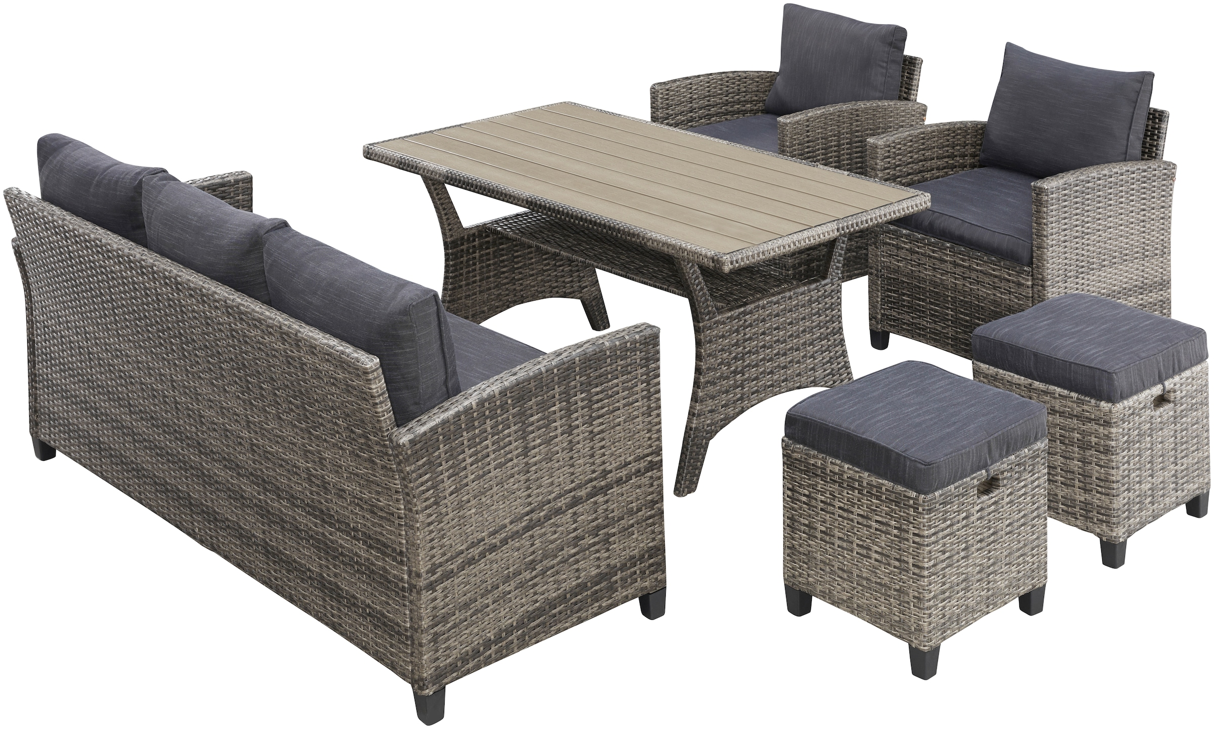 KONIFERA Gartenlounge-Set »Amsterdam«, (Set, 16 tlg., 1x 3er Sofa, 1x 2 Sessel, 2x Hocker, 1xTisch 144,5x74x67cm,Polyrattan), Stahl, Ablagefläche unter dem Tisch, Loungeset