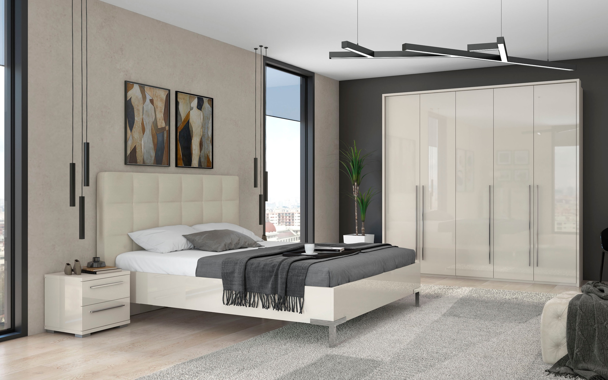Places of Style Kleiderschrank »Piano, inklusive Rahmen und Beleuchtung, soft-close-Funktion«, (viele Breiten zur Auswahl, 226cm hoch), beige oder weiß, UV lackiert, Hochglanzfronten, FSC-zertifiziert