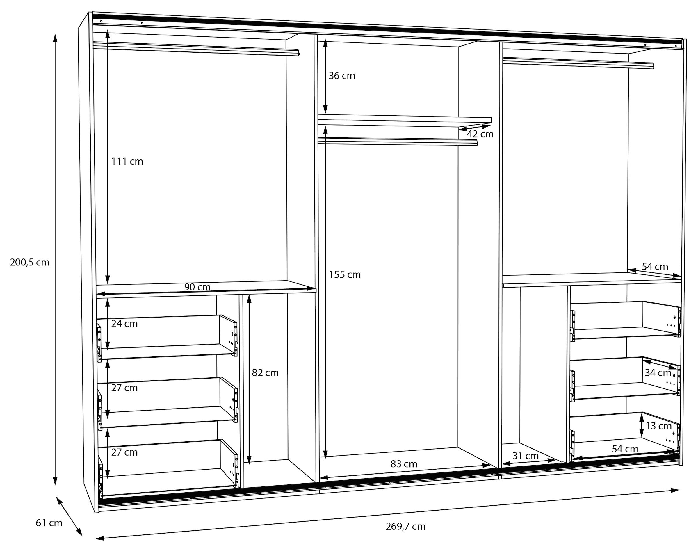 FORTE Schwebetürenschrank, (B/H/T ca. 269,7x200,5x61cm), Schwebetürenschrank, Stauraum, 6 Schubkästen, erhältlich in 2 Dekoren