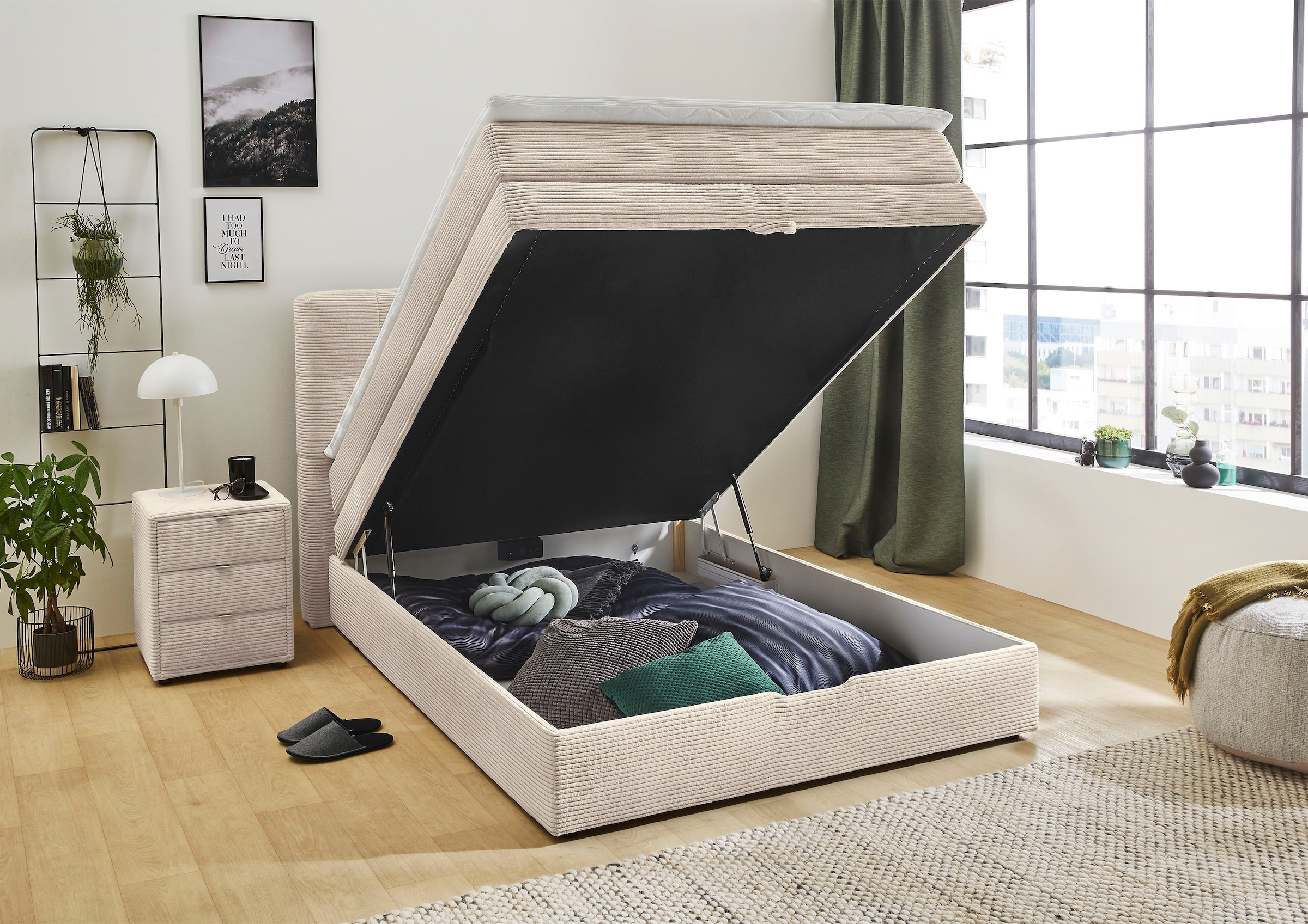 Jockenhöfer Gruppe Boxspringbett »AMY in Cord, erhältlich in den Breiten 120cm & 140cm« mit Bettkasten & Topper