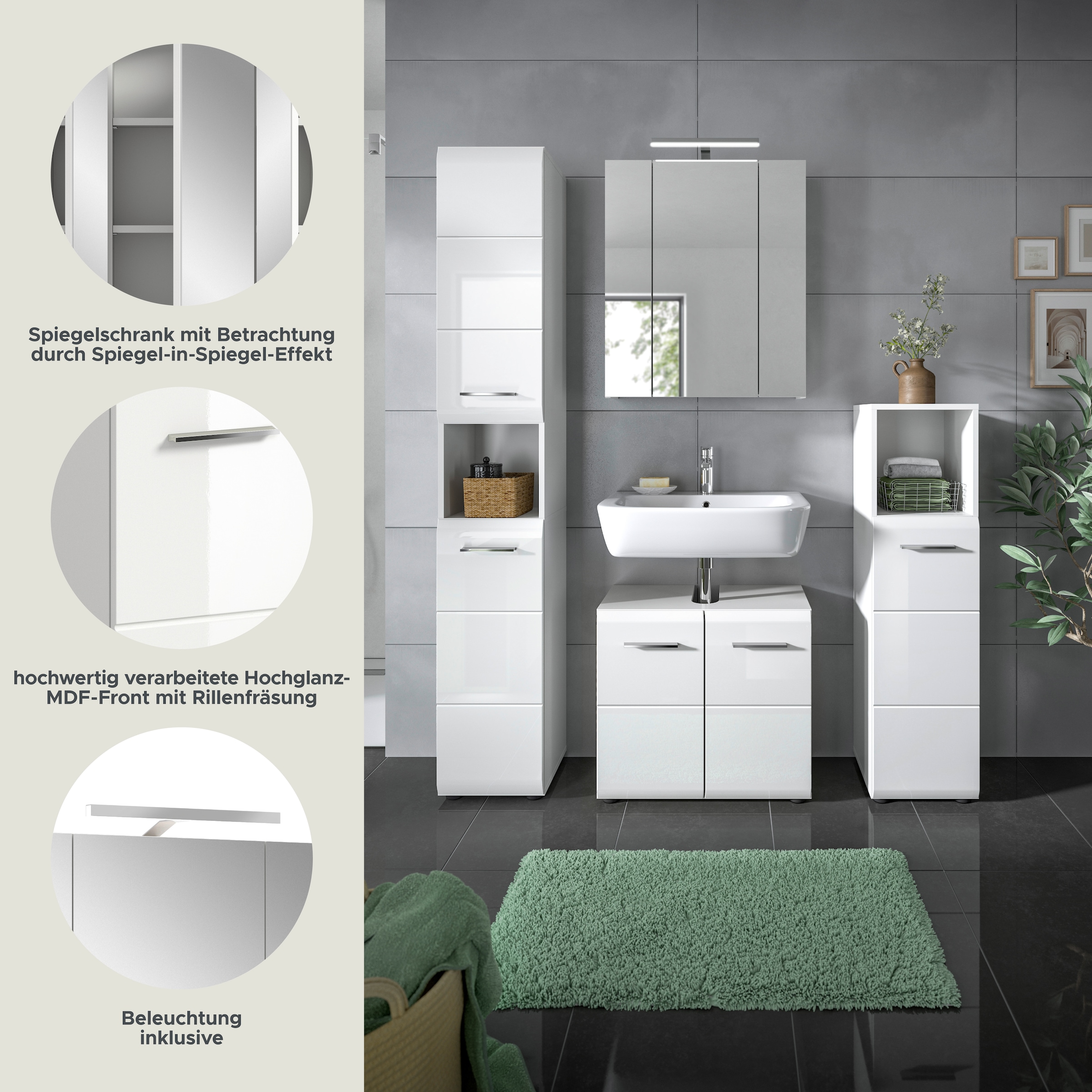 INOSIGN Badezimmer-Set, (Set, 5 St.), Florenz, Badkombination 5-tlg., Weiß hochglanz,l inkl Beleuchtung