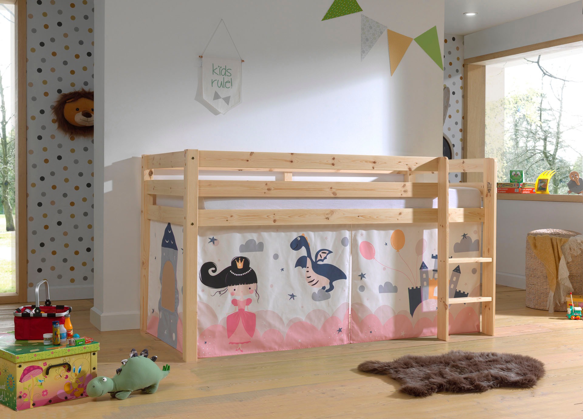 Vipack Spielbett "Pino, Kiefer massiv, mit Rolllattenrost u. Textil-Set, Ma günstig online kaufen