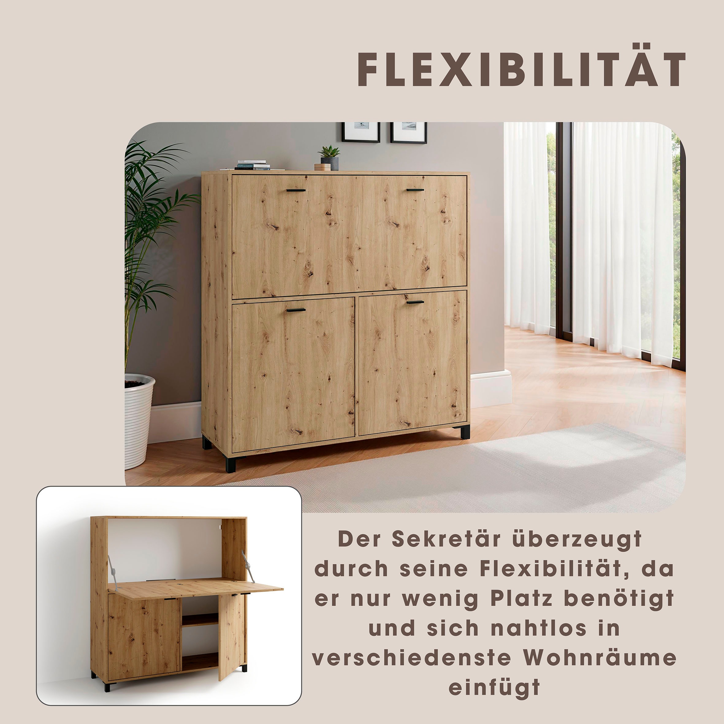 byLIVING Sekretär »Montana«, platzsparende Arbeitslösung mit viel Stauraum, Breite 120 cm