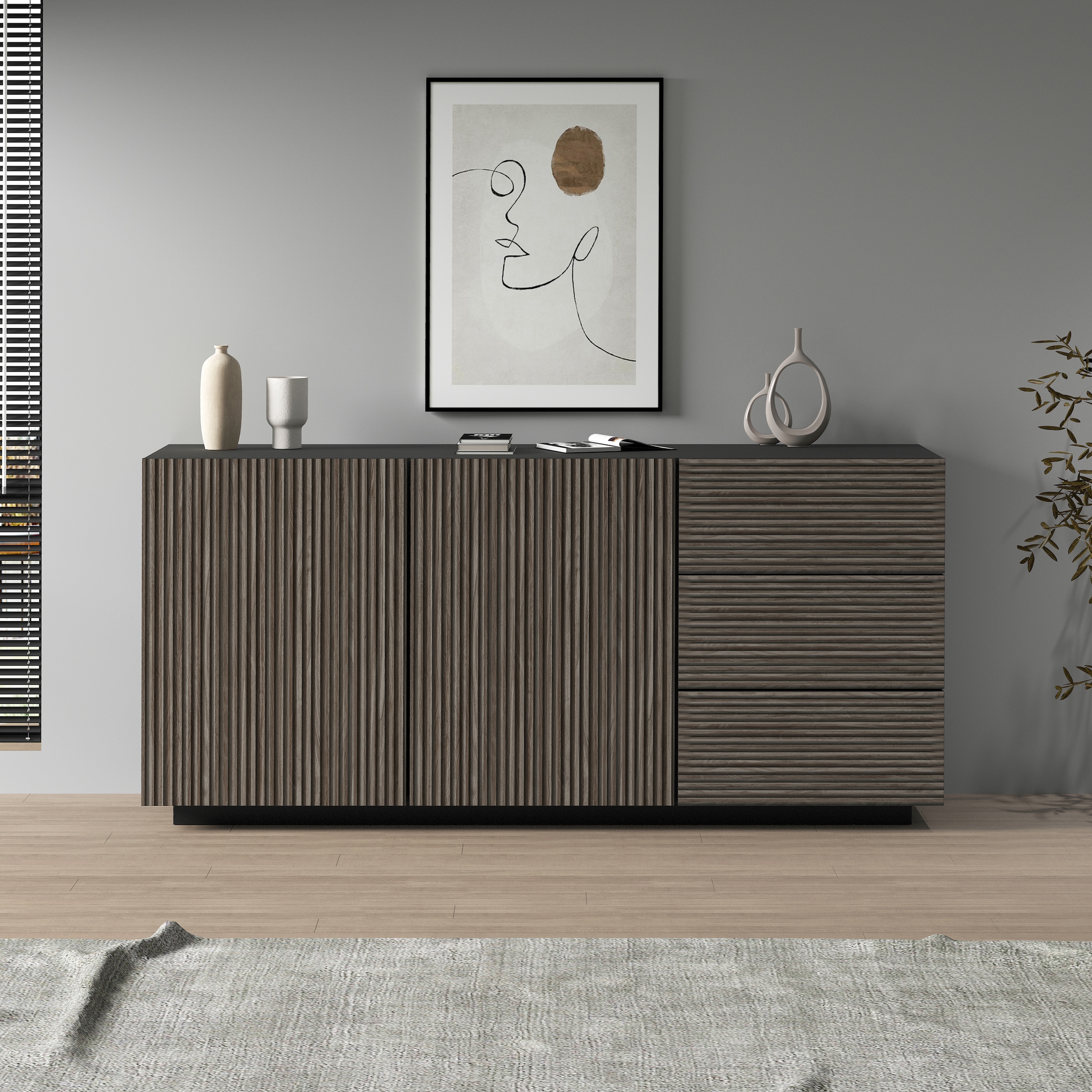 INOSIGN Sideboard »Vega Sideboard,Kommode,180 cm«, mit 2 Türen und 3 Schubladen,Fronten mit Rillen-Optik